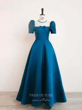 Blue Satin Prom Dresses Puffed Sleeve Formal Dresses 21030