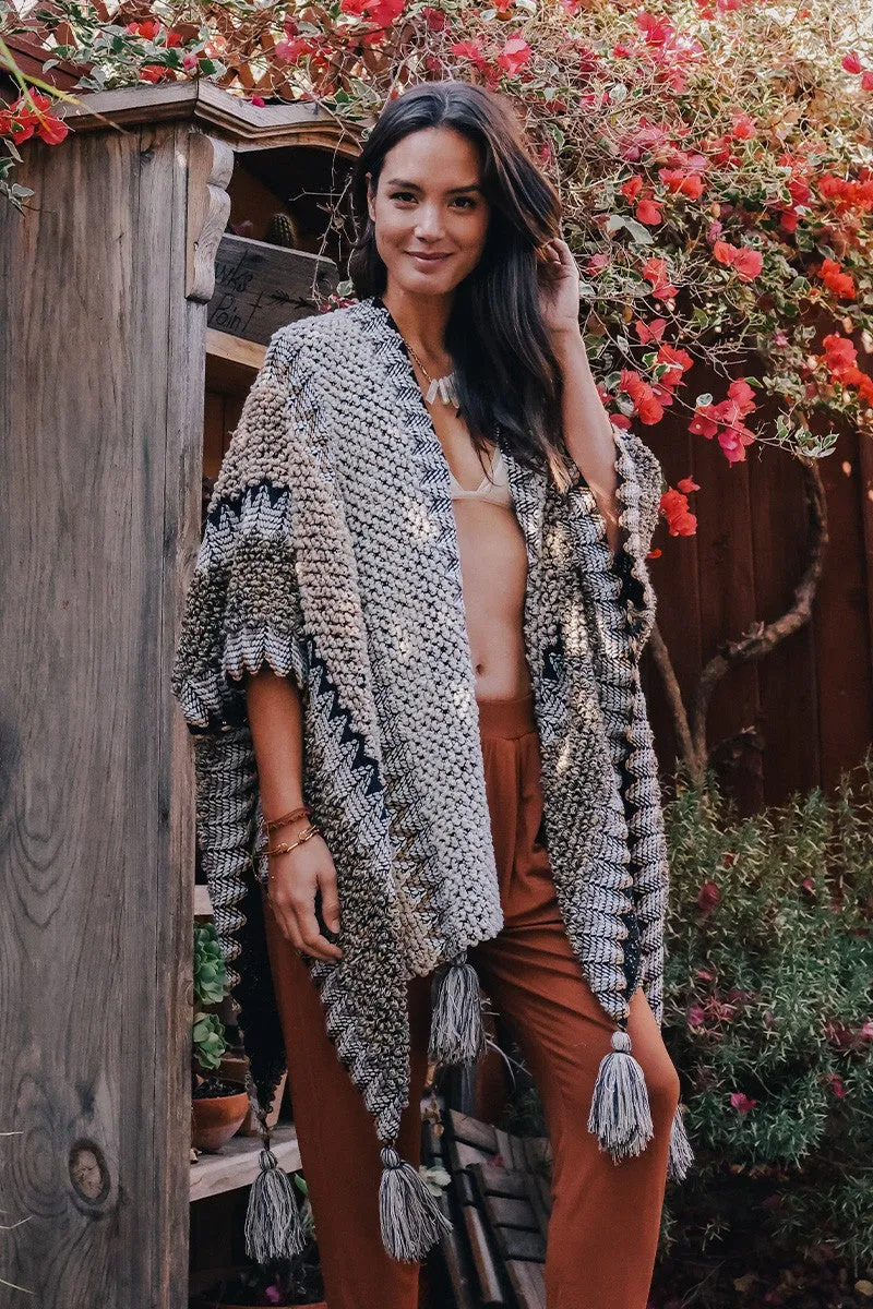 Boho Knit Crochet Ruana with Tassels