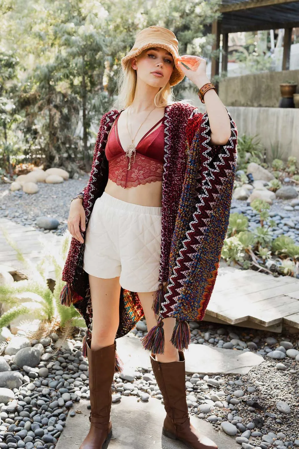 Boho Knit Crochet Ruana with Tassels