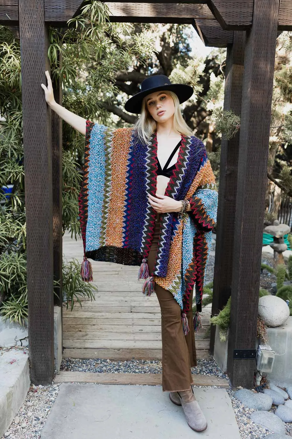 Boho Knit Crochet Ruana with Tassels