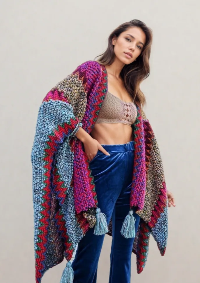 Boho Knit Crochet Ruana with Tassels