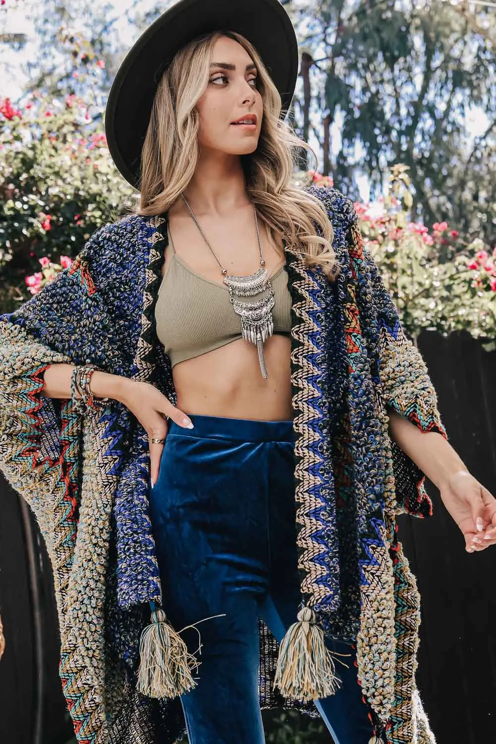 Boho Knit Crochet Ruana with Tassels