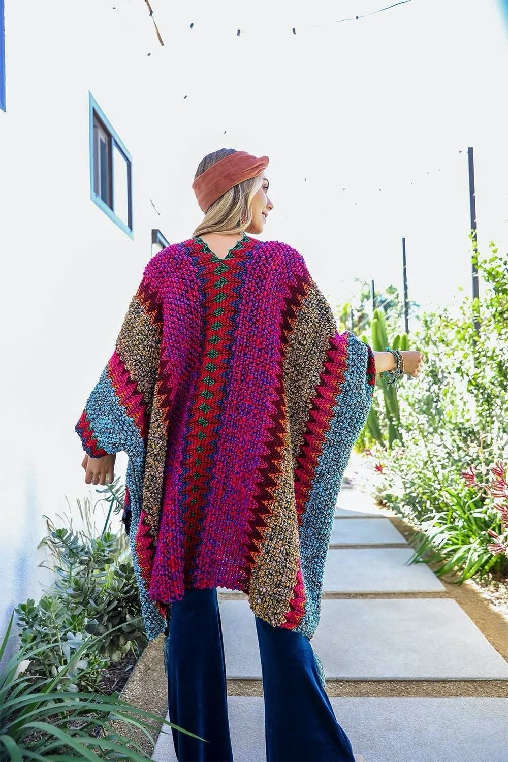 Boho Knit Crochet Ruana with Tassels