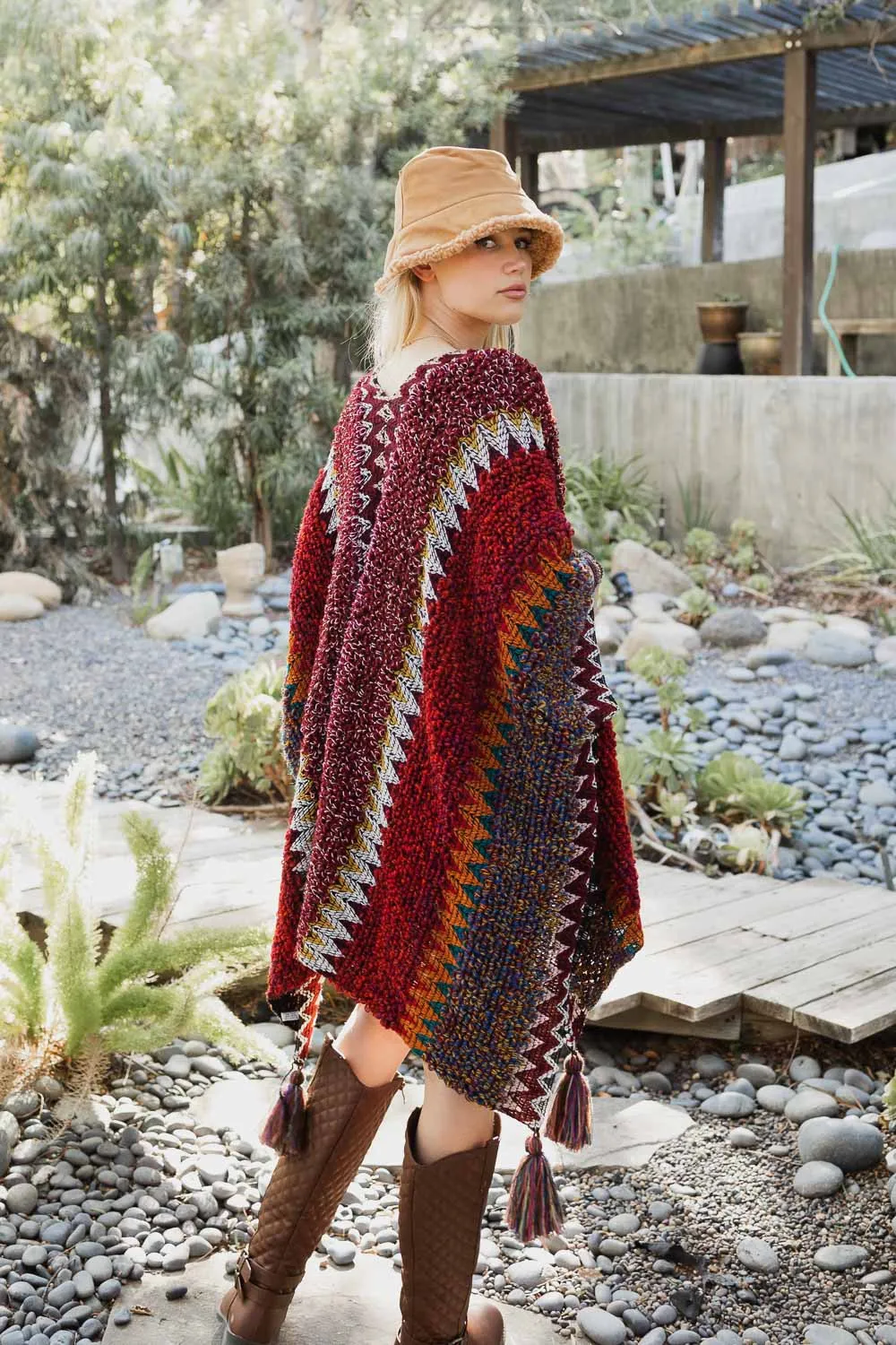 Boho Knit Crochet Ruana with Tassels