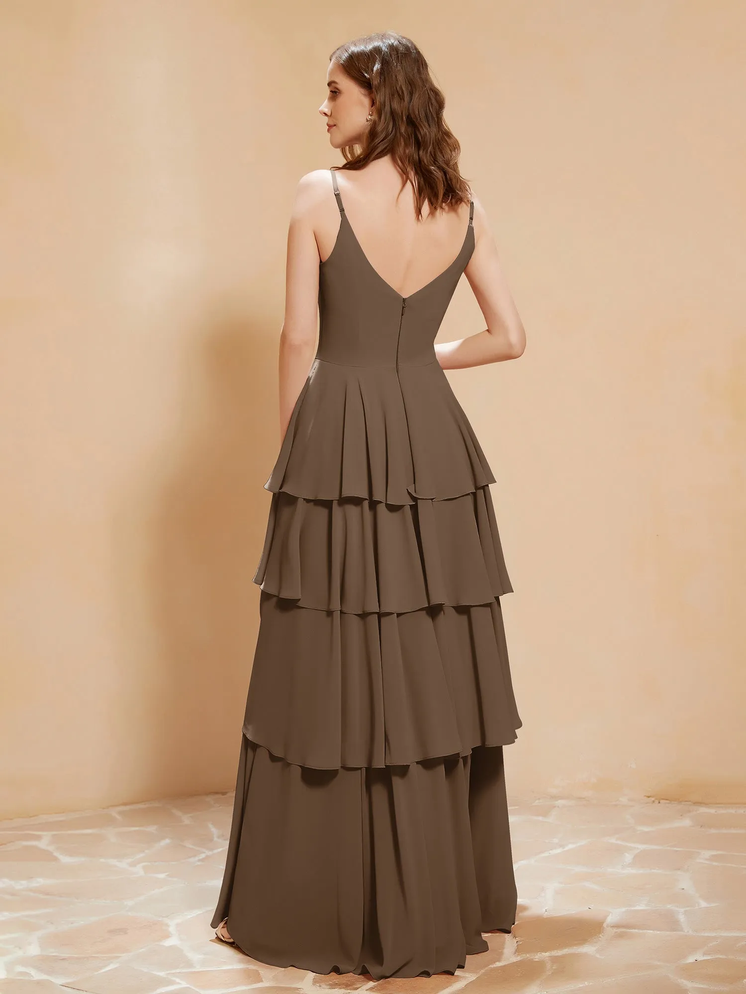 Boho V-neck Floor-length Dress Flowy Ruffles Brown Plus Size