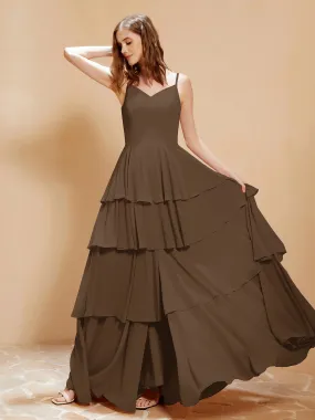 Boho V-neck Floor-length Dress Flowy Ruffles Brown Plus Size