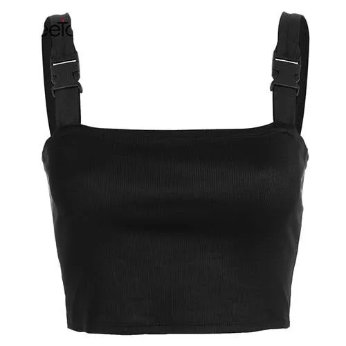 Bralette Crop Top Sexy Black Clubwear Summer With Plastic Buckle Tank Sleeveless