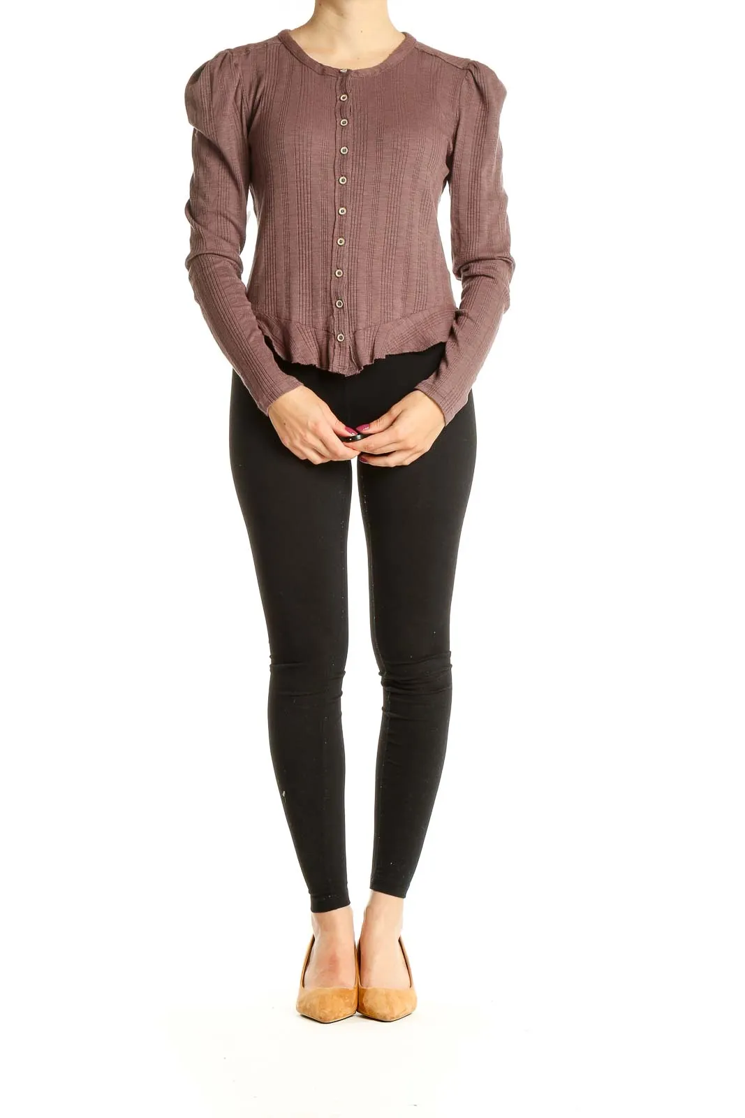 Brown Button Up Ribbed Puffy Sleeve Top