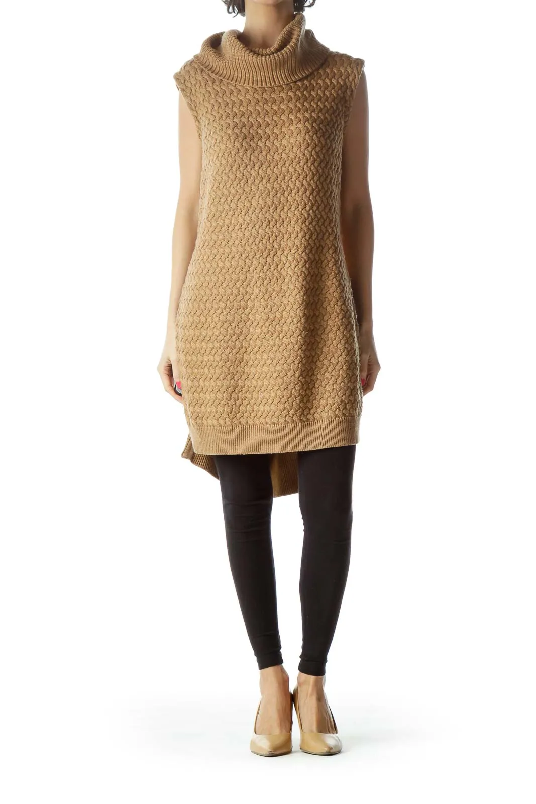 Brown Sleeveless Turtleneck Knit with Zipper Detail