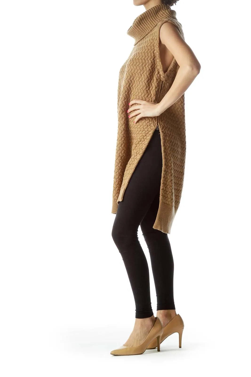 Brown Sleeveless Turtleneck Knit with Zipper Detail