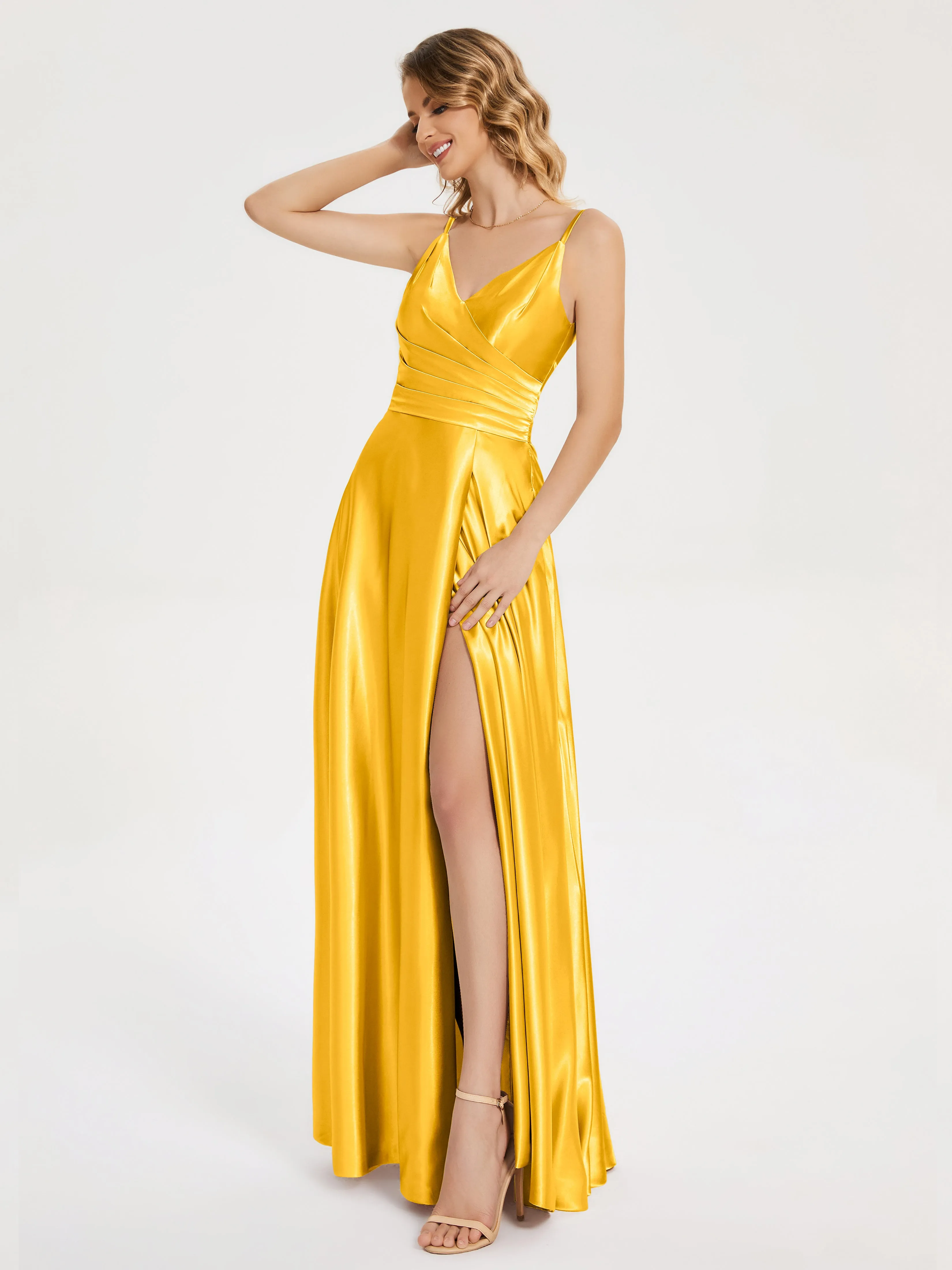 Cali Ruched Split Soft Satin Dresses