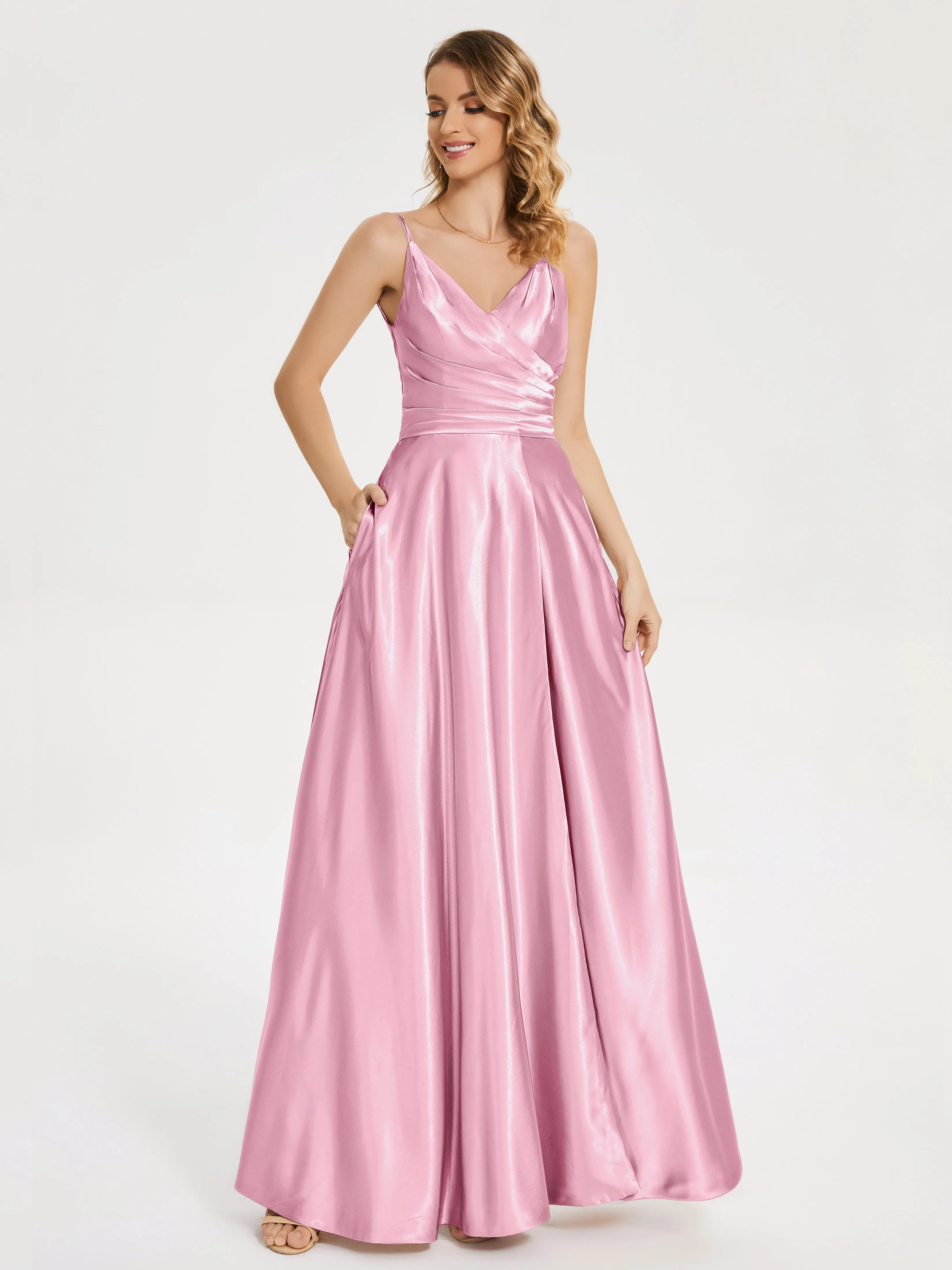 Cali Ruched Split Soft Satin Dresses