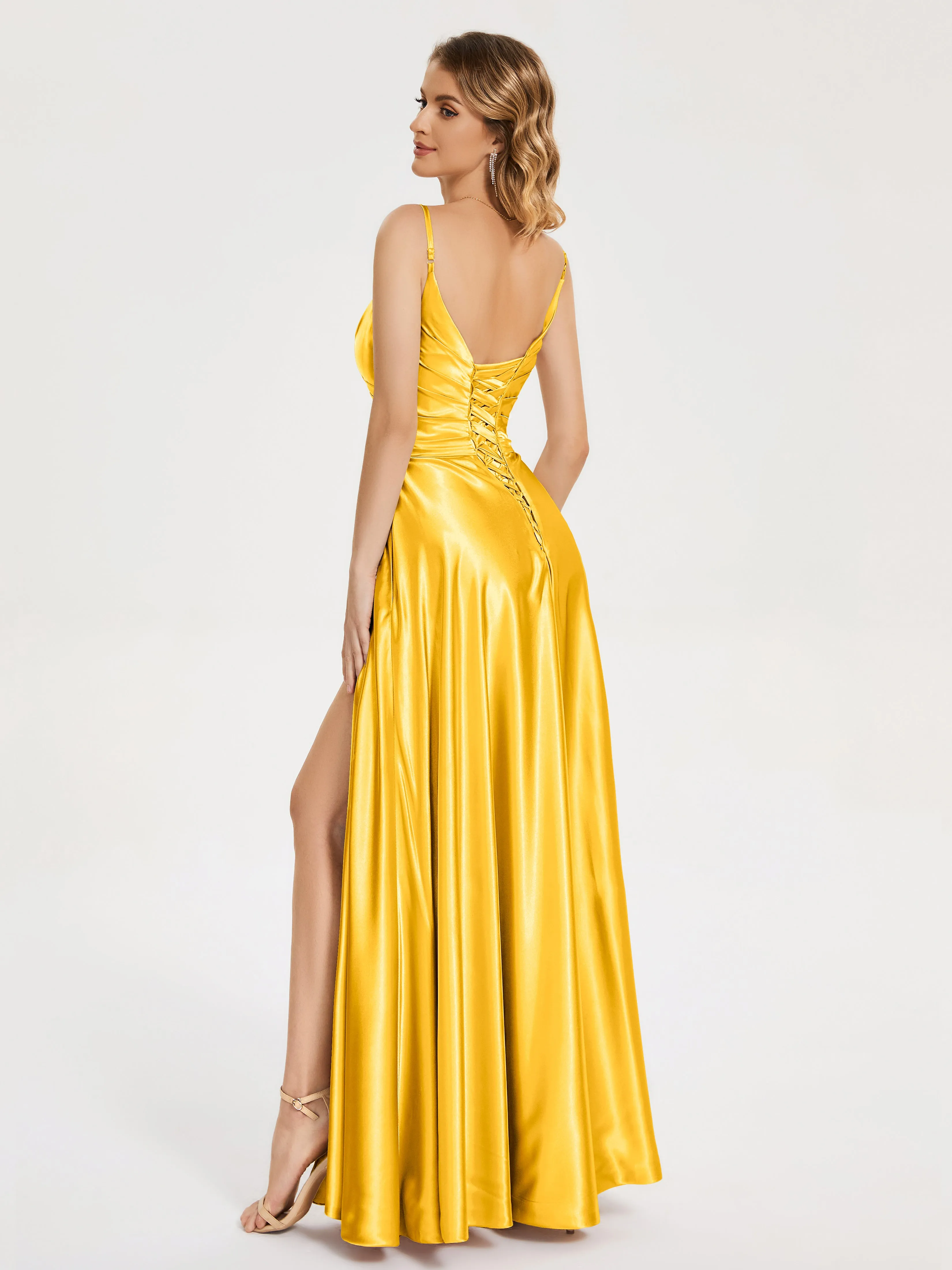 Cali Ruched Split Soft Satin Dresses