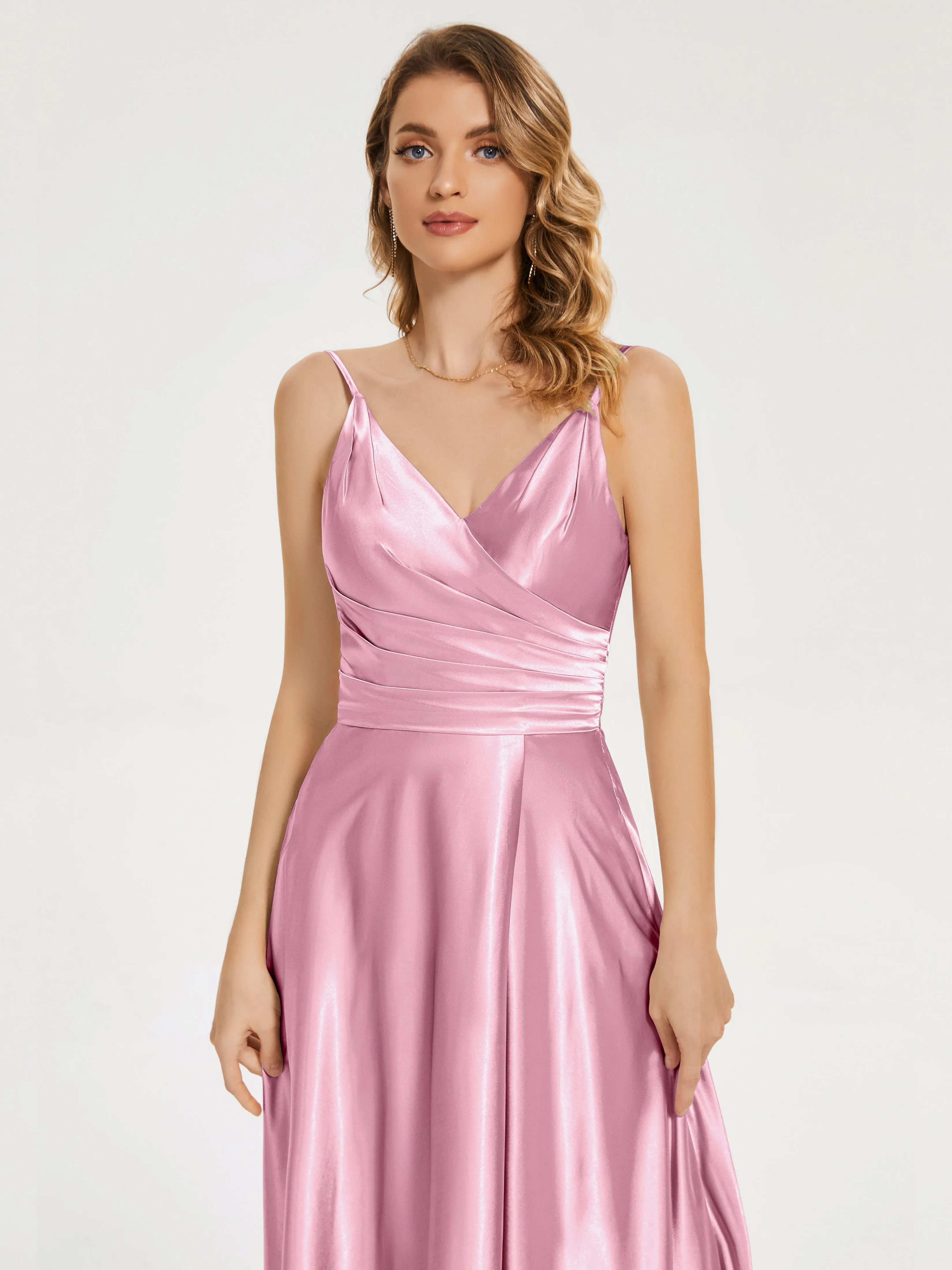 Cali Ruched Split Soft Satin Dresses