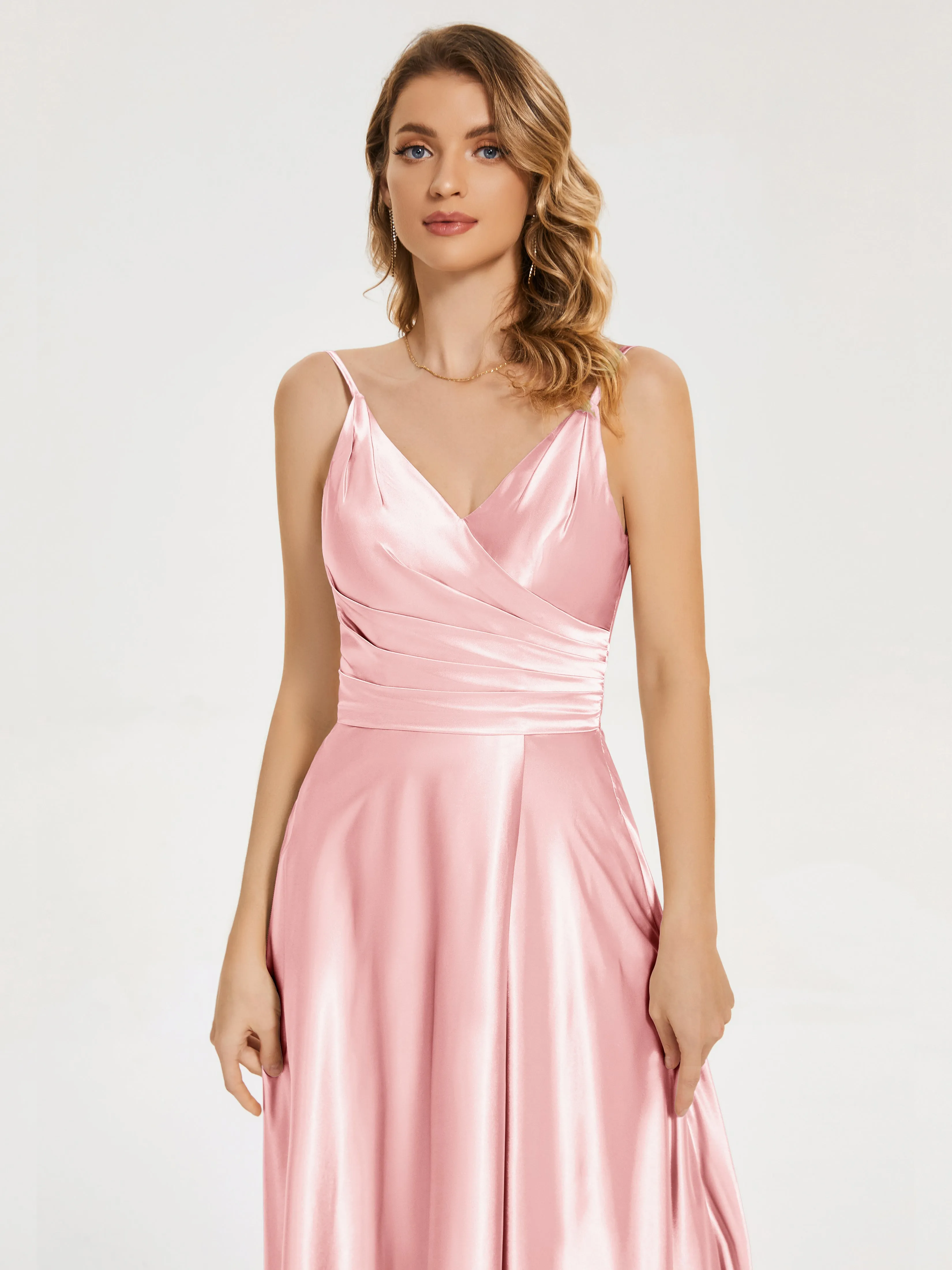 Cali Ruched Split Soft Satin Dresses