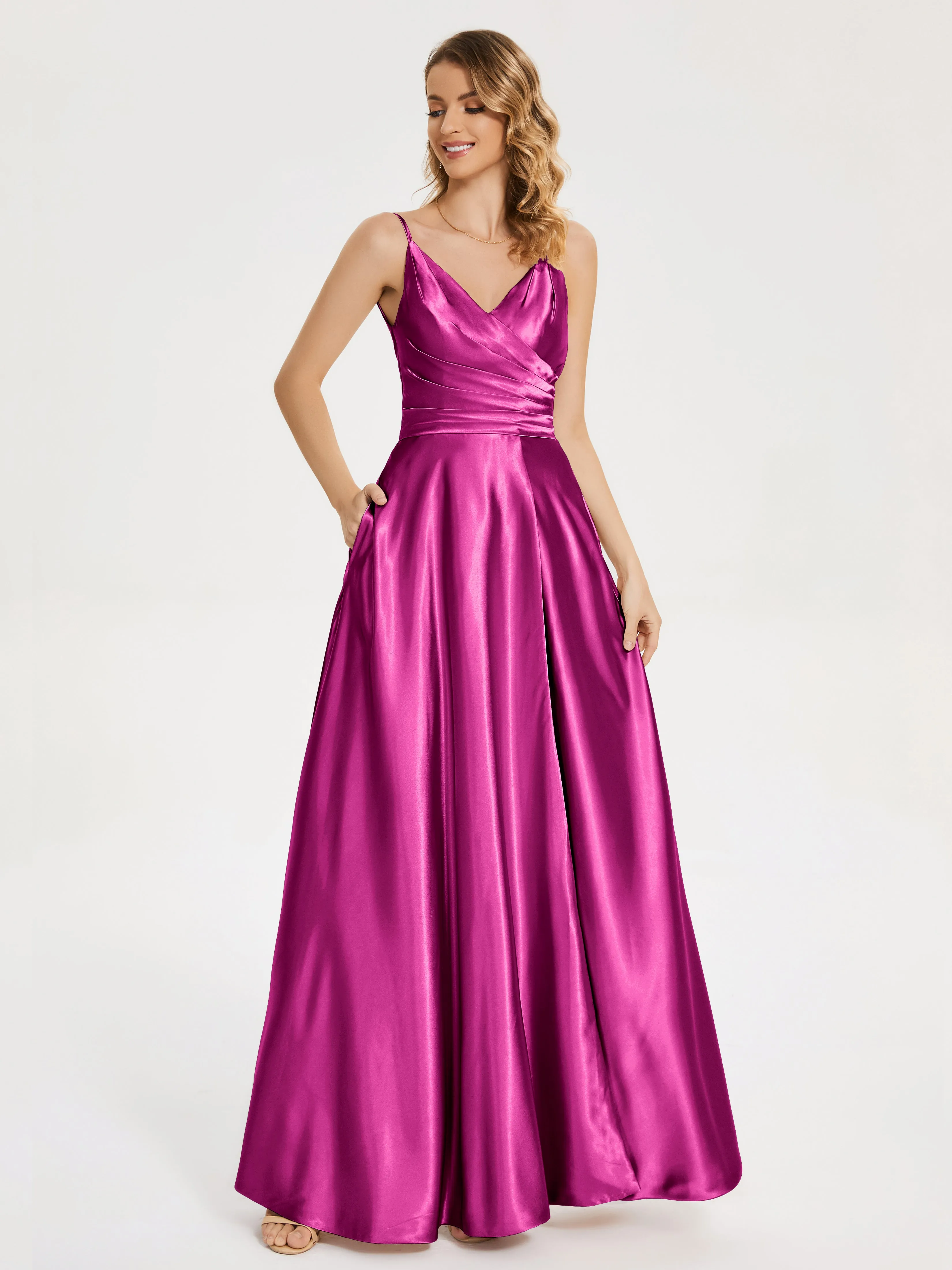 Cali Ruched Split Soft Satin Dresses