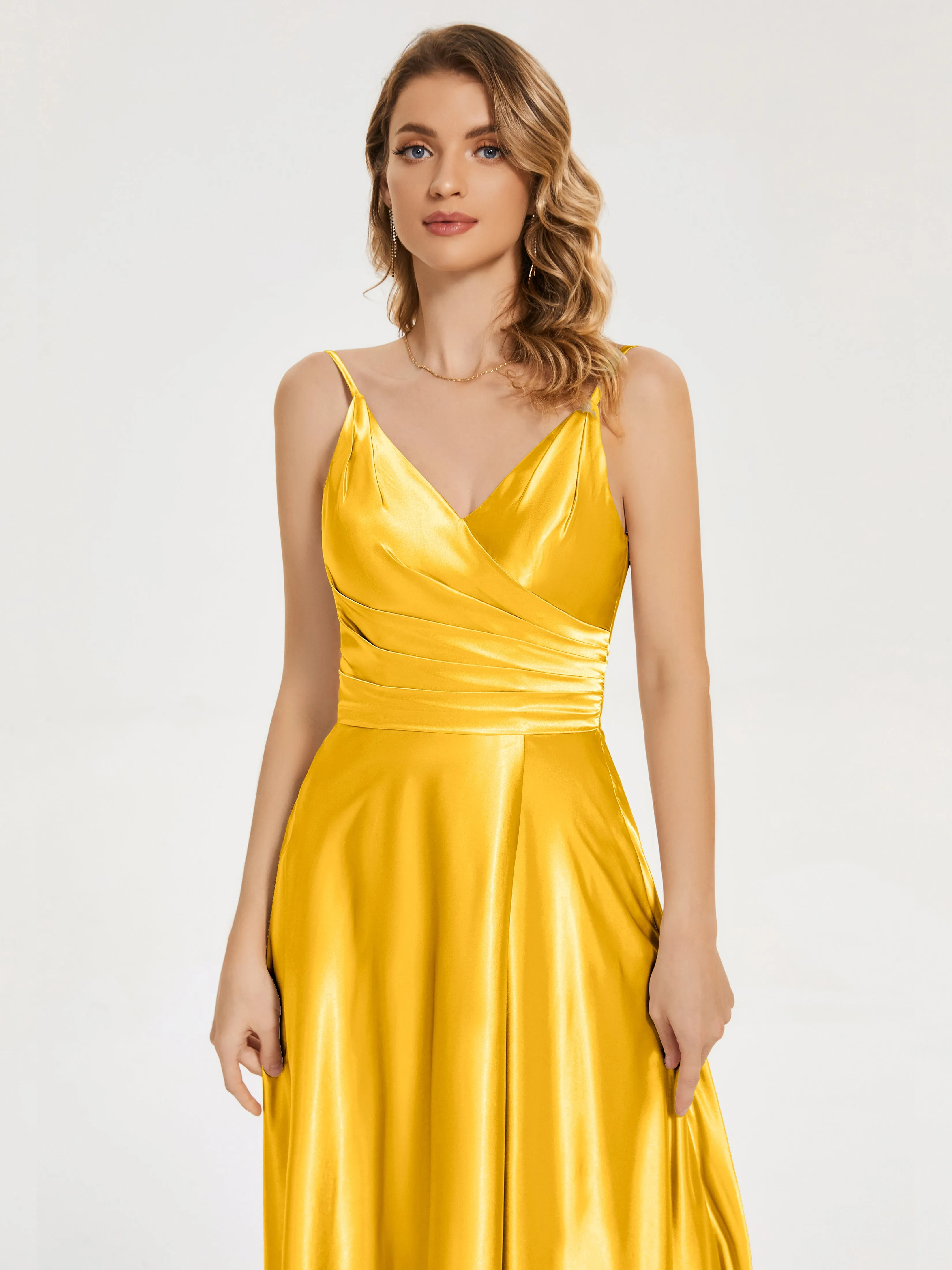 Cali Ruched Split Soft Satin Dresses