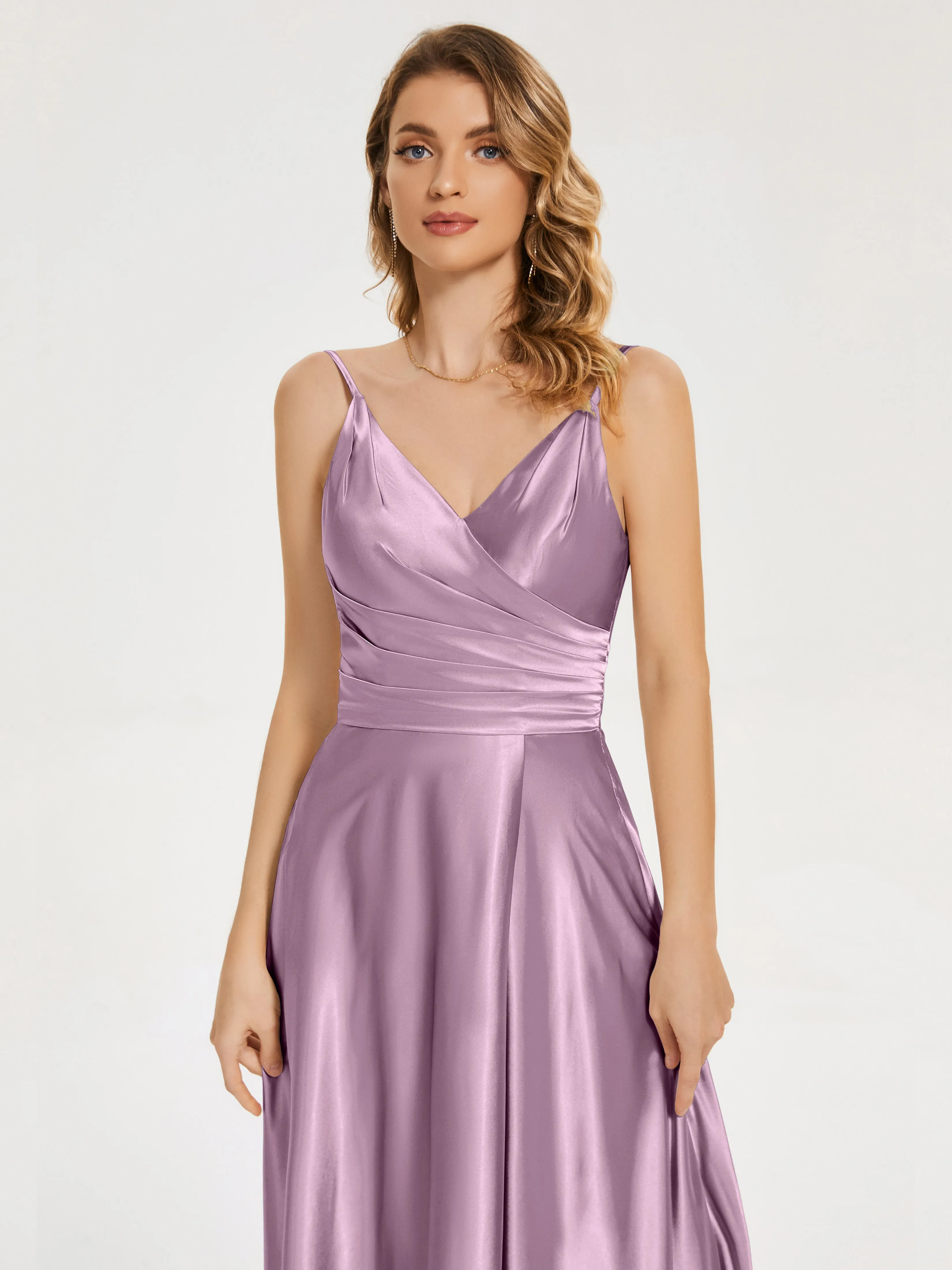 Cali Ruched Split Soft Satin Dresses