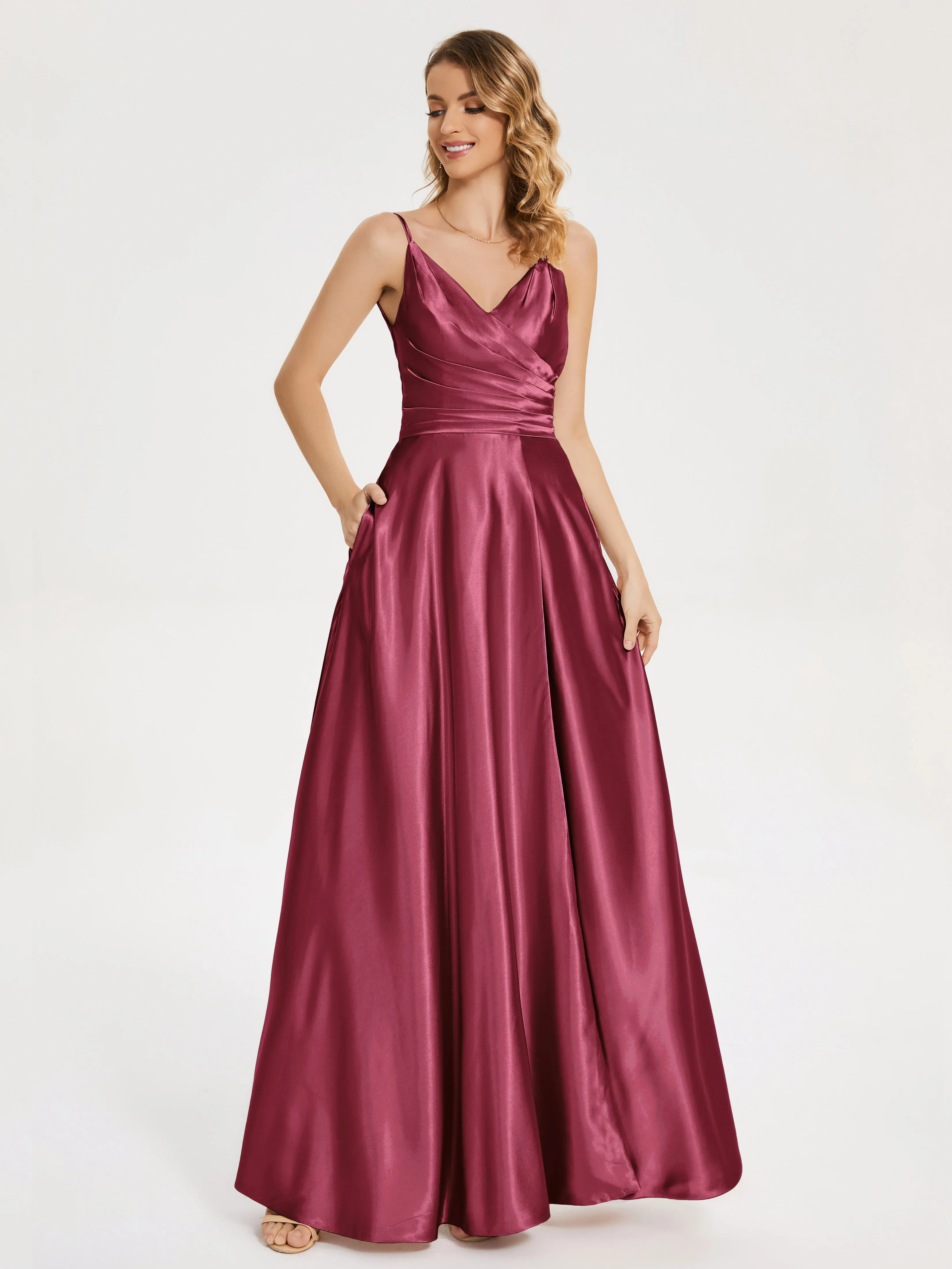 Cali Ruched Split Soft Satin Dresses