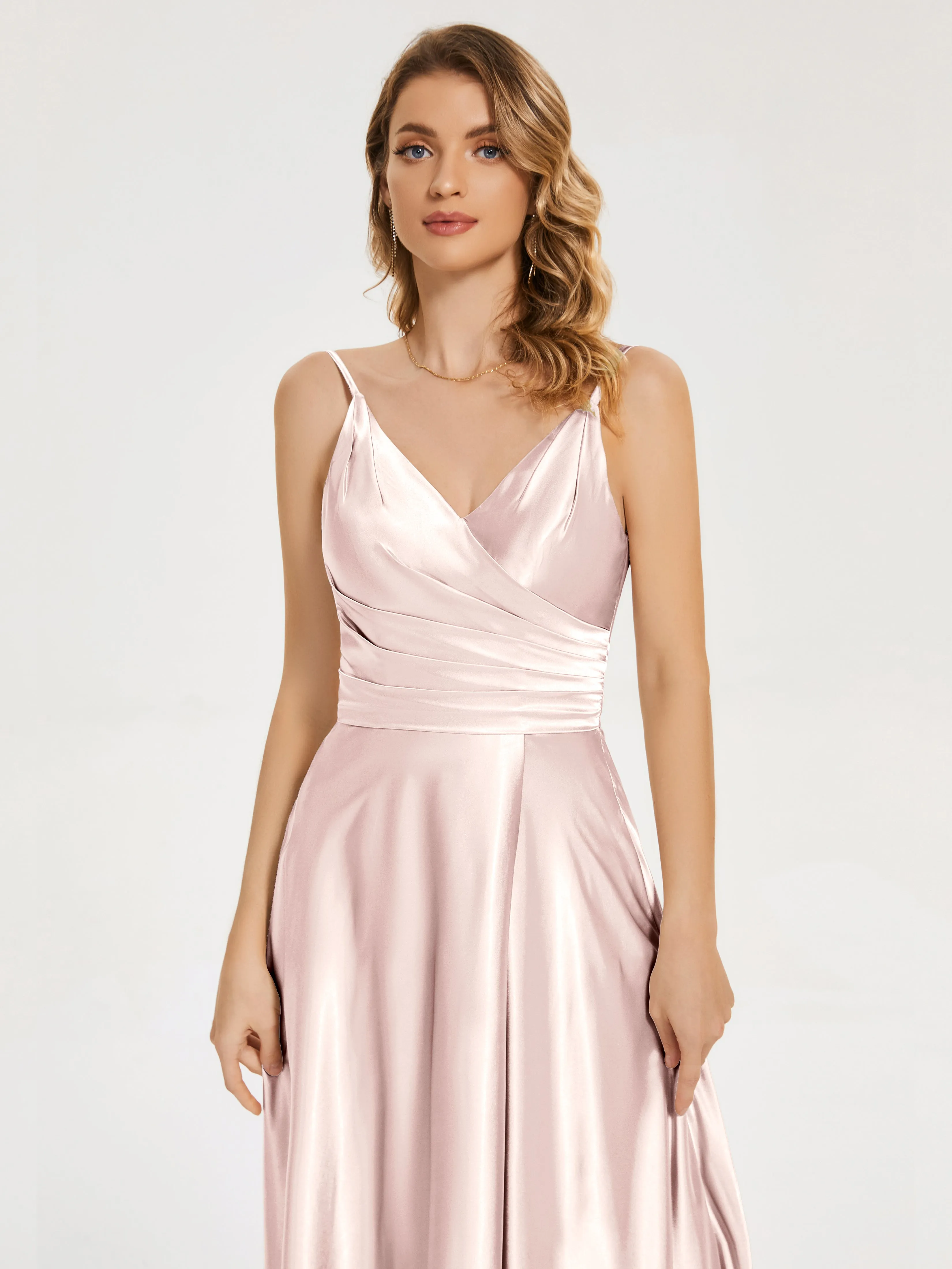 Cali Ruched Split Soft Satin Dresses