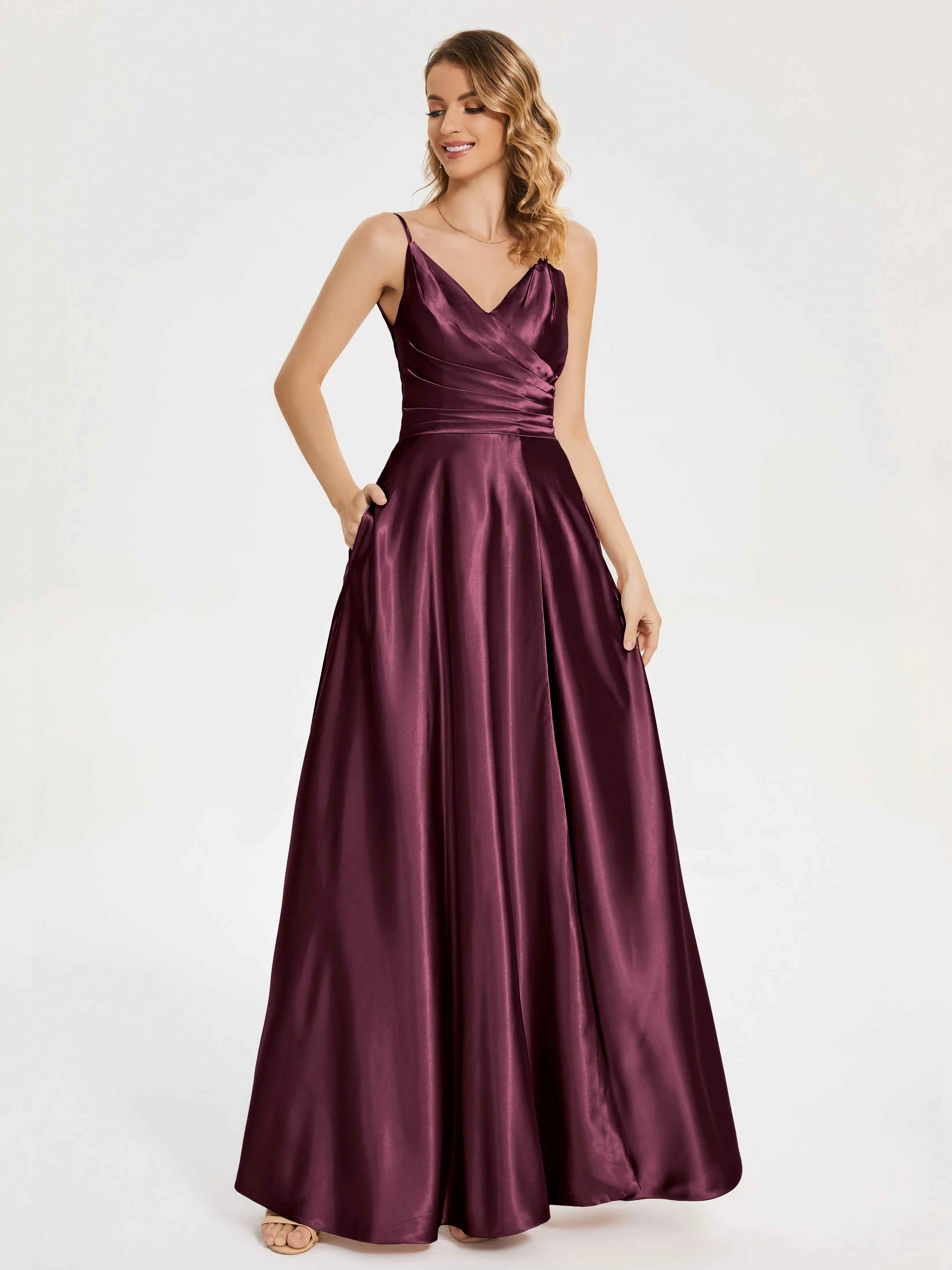 Cali Ruched Split Soft Satin Dresses