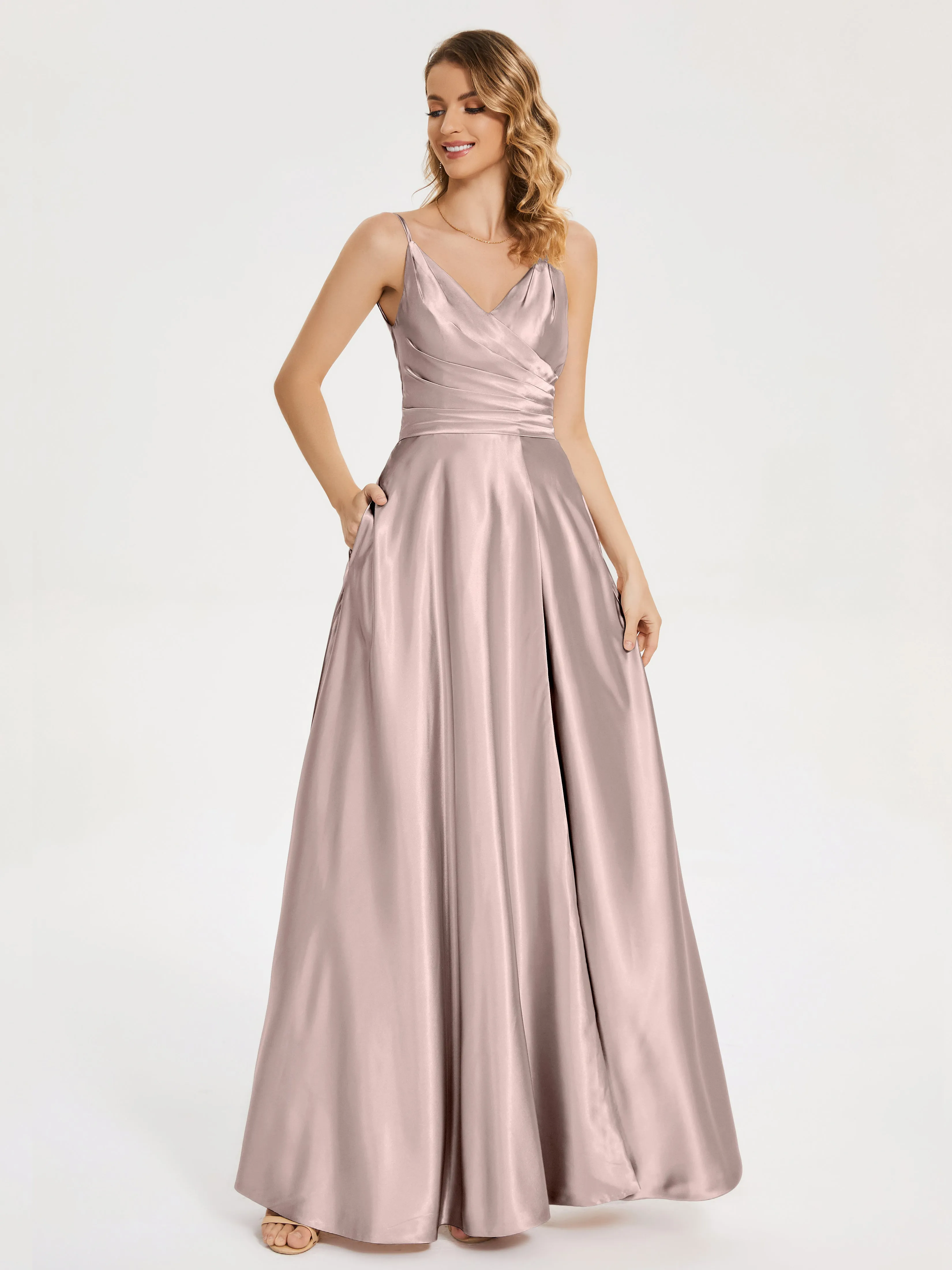 Cali Ruched Split Soft Satin Dresses