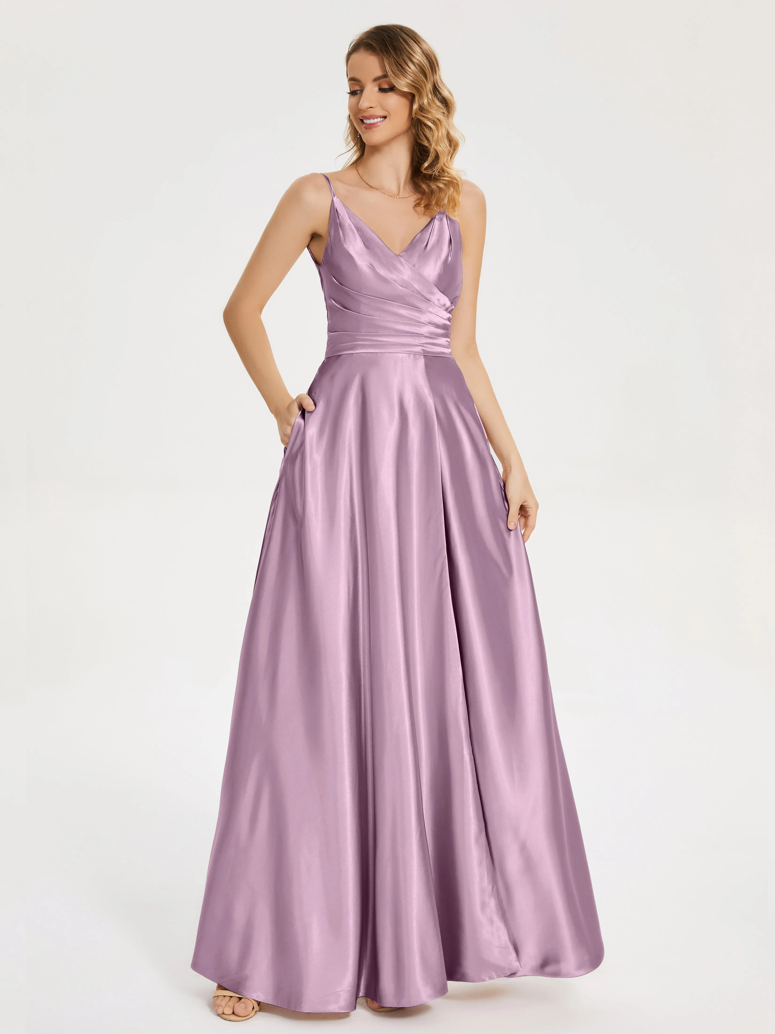 Cali Ruched Split Soft Satin Dresses