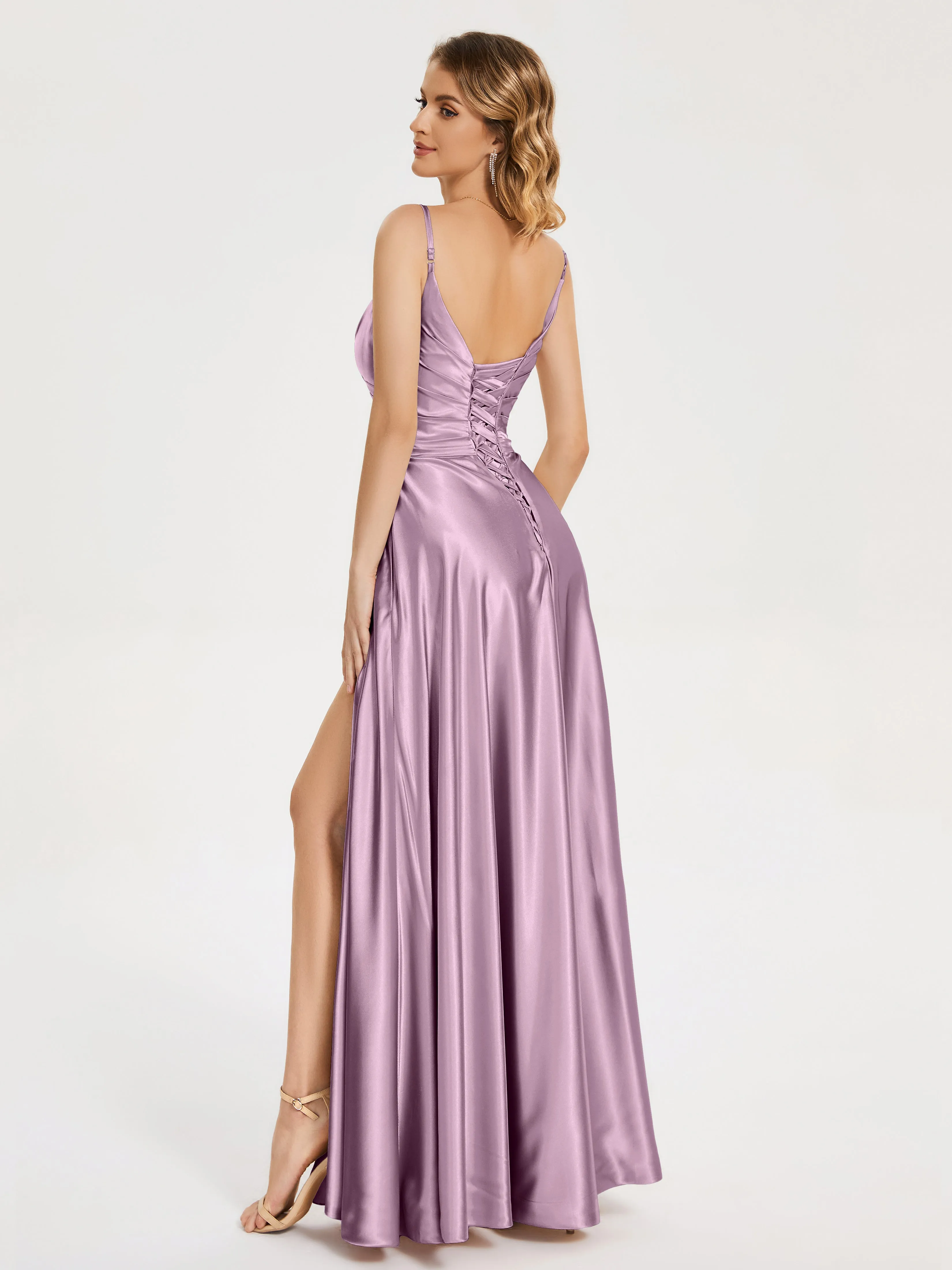 Cali Ruched Split Soft Satin Dresses