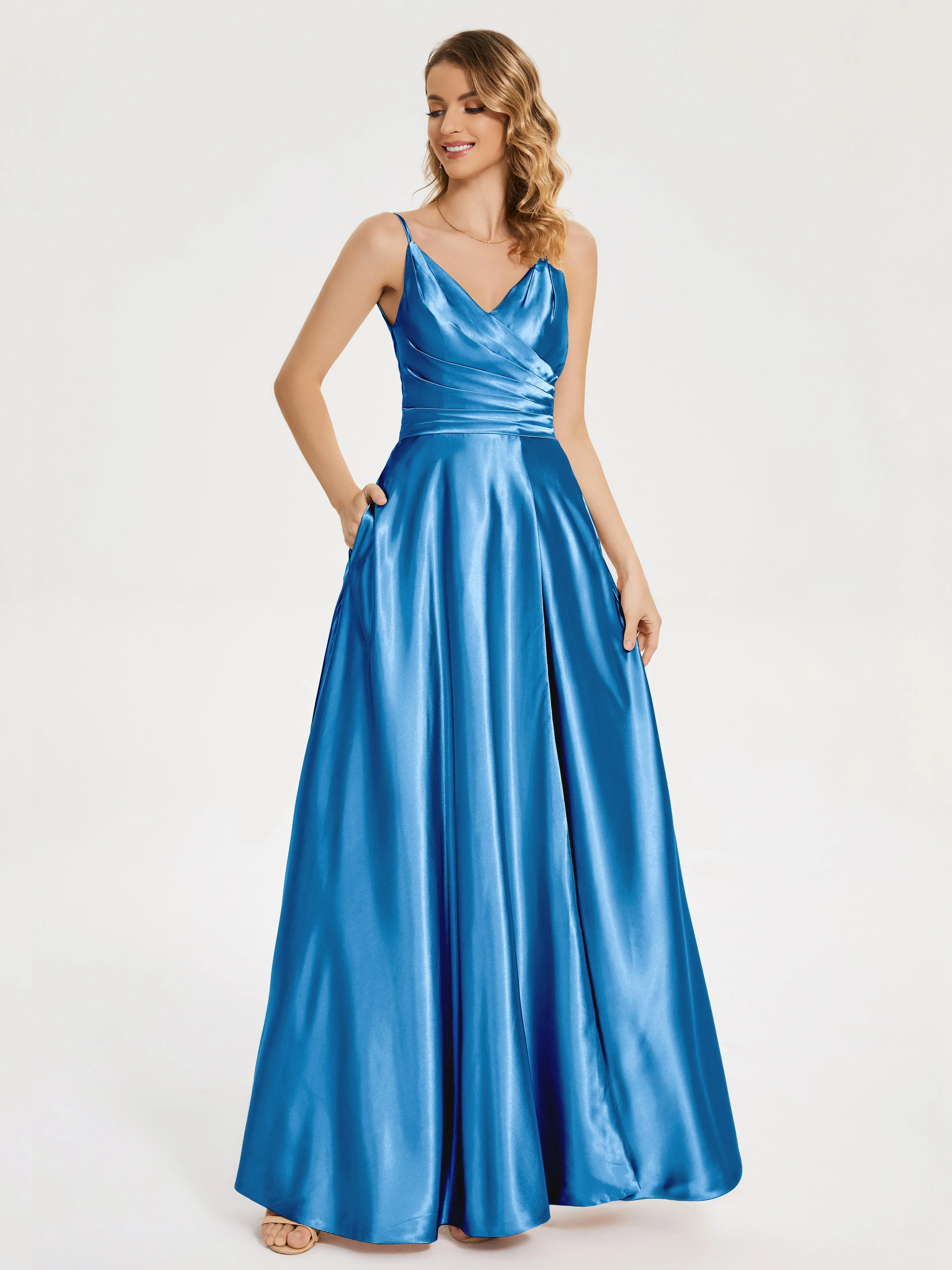 Cali Ruched Split Soft Satin Dresses