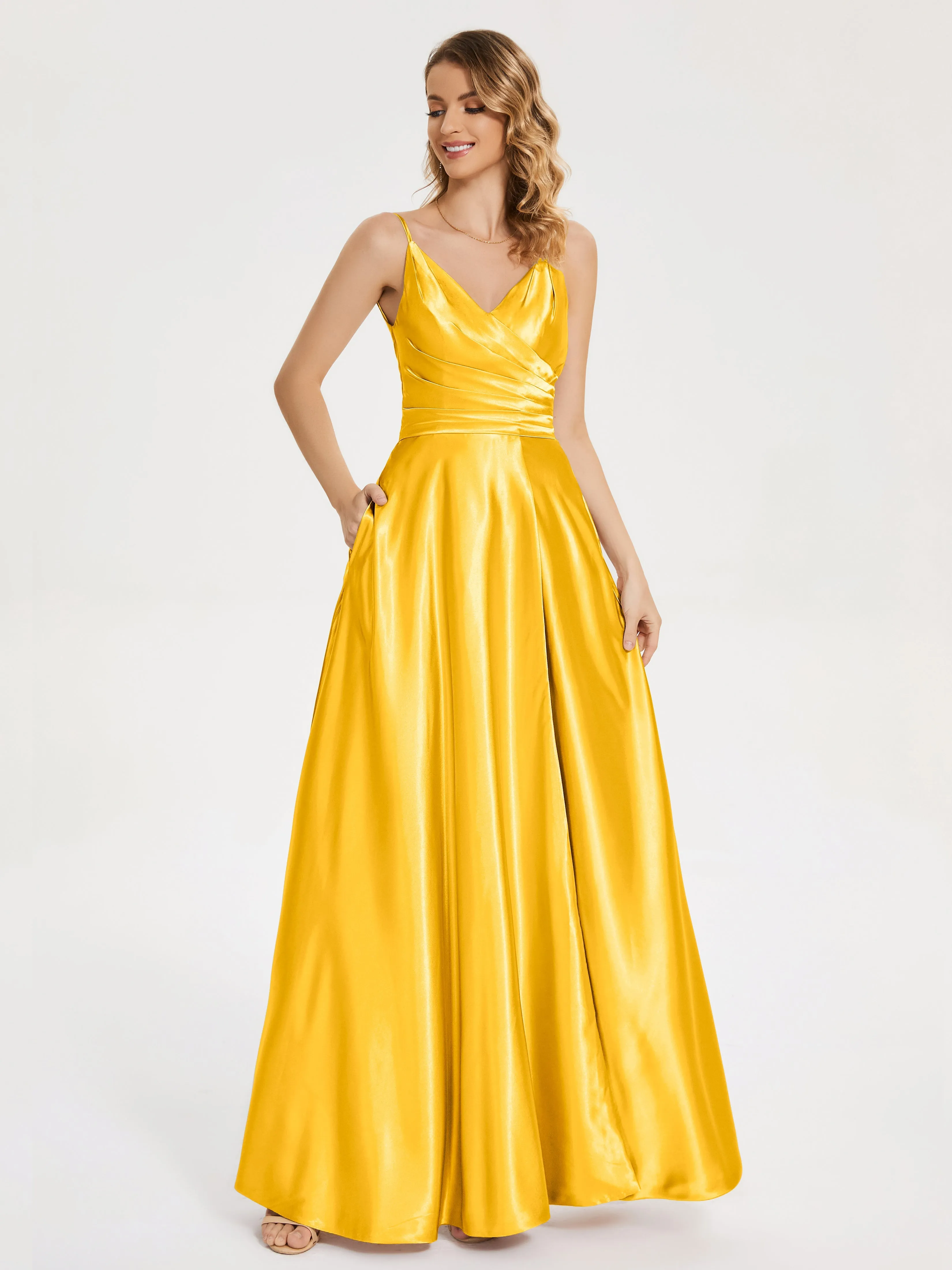 Cali Ruched Split Soft Satin Dresses