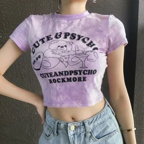 Cartoon Pattern Cute Purple Tie Dye Casual Short Sleeve Crop Top Tees