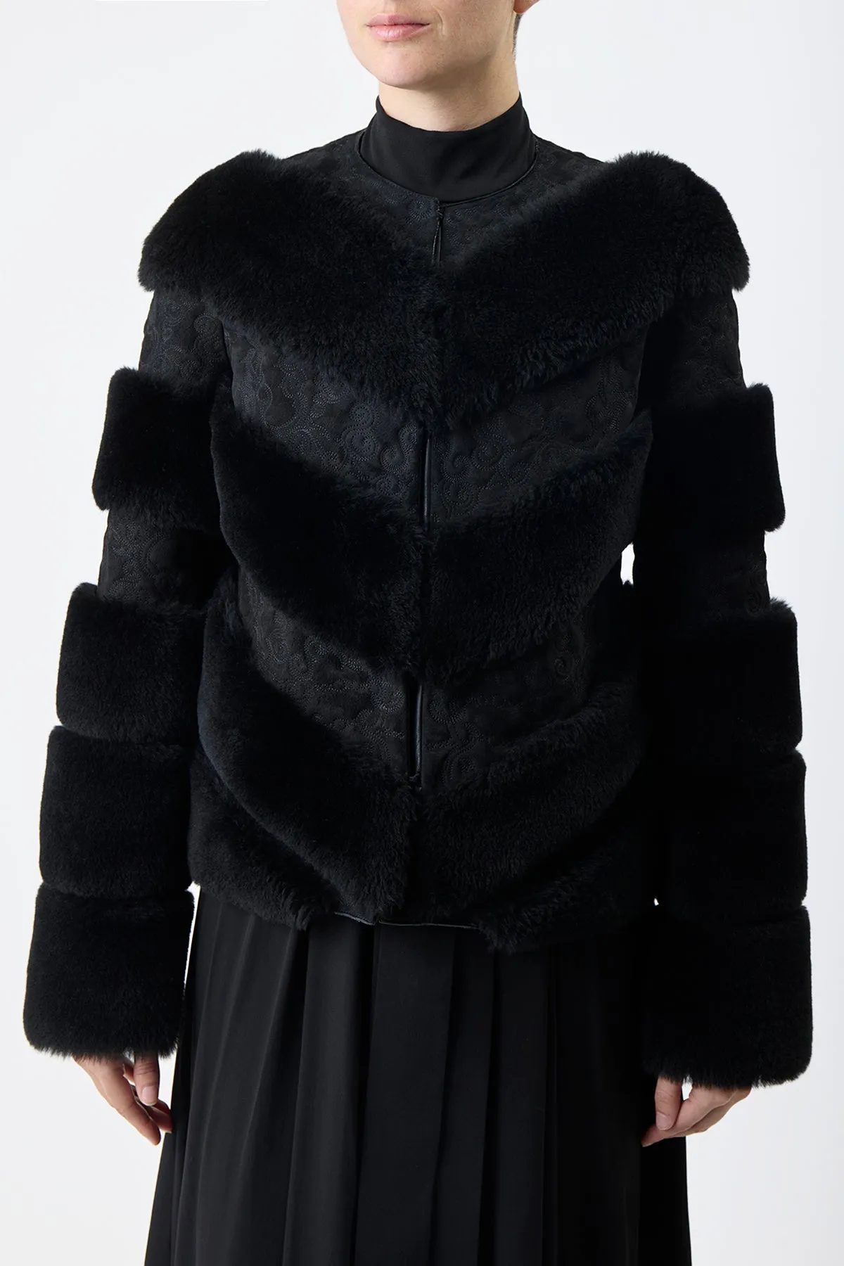 Carys Embroidered Jacket in Black Suede with Shearling