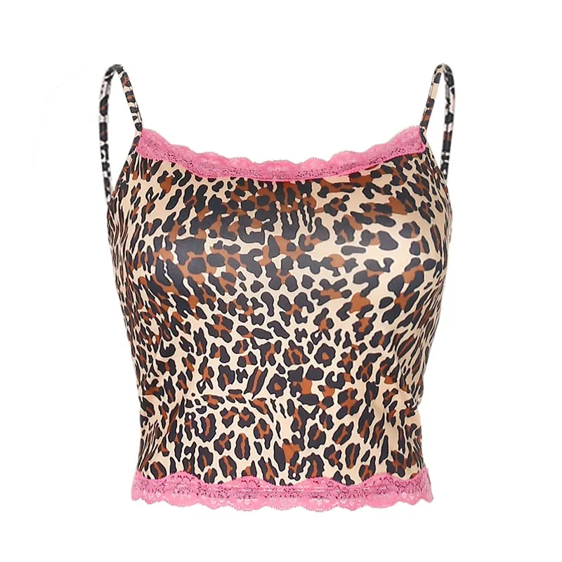 Casual Leopard Summer Tops For Women Lace Edge Tank Top Korean Fashion Sleeveless Sexy Cropped Feminino Tees Harajuku