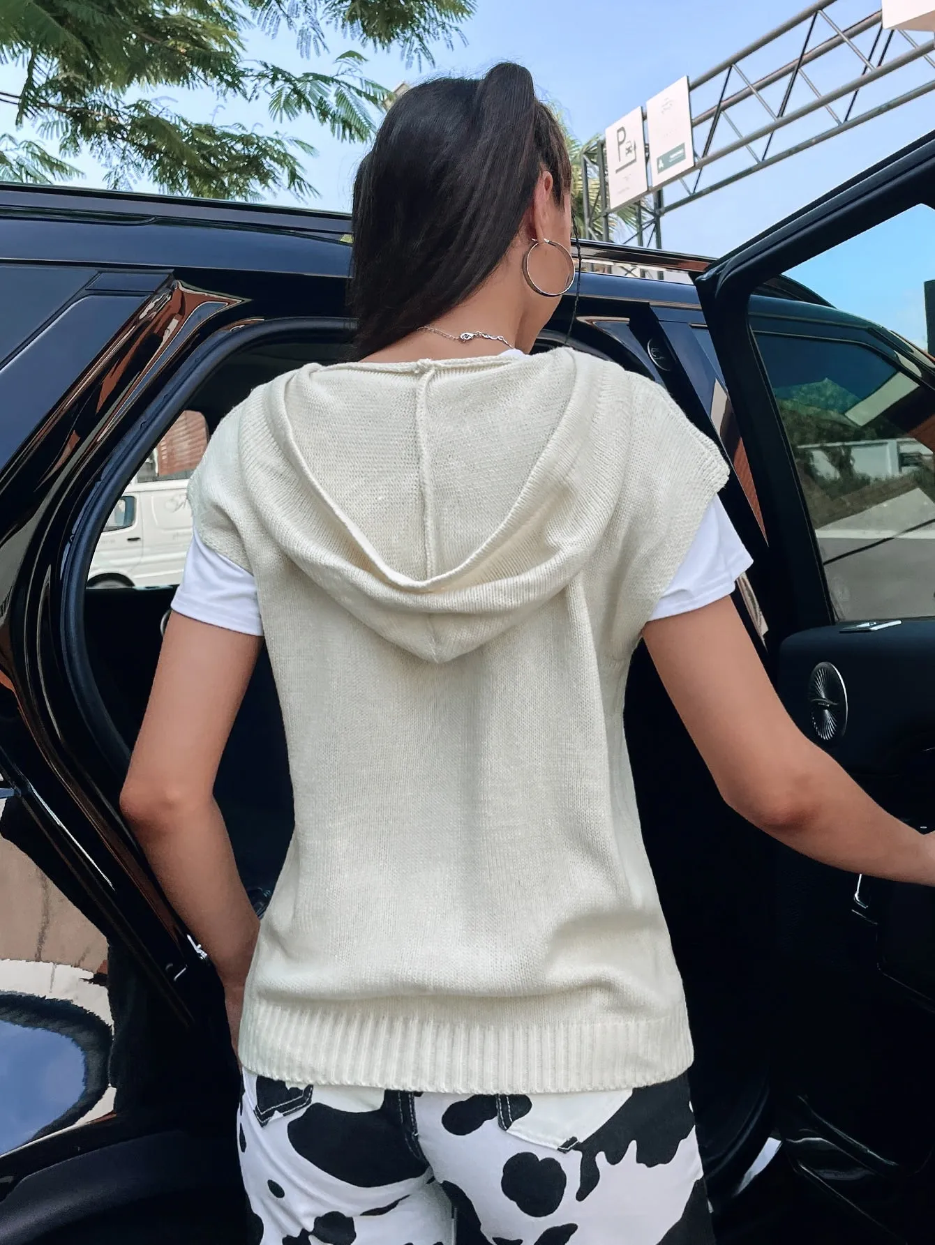 Casual Plain Drawstring Cap Sleeve Hooded Regular Women Knit Top