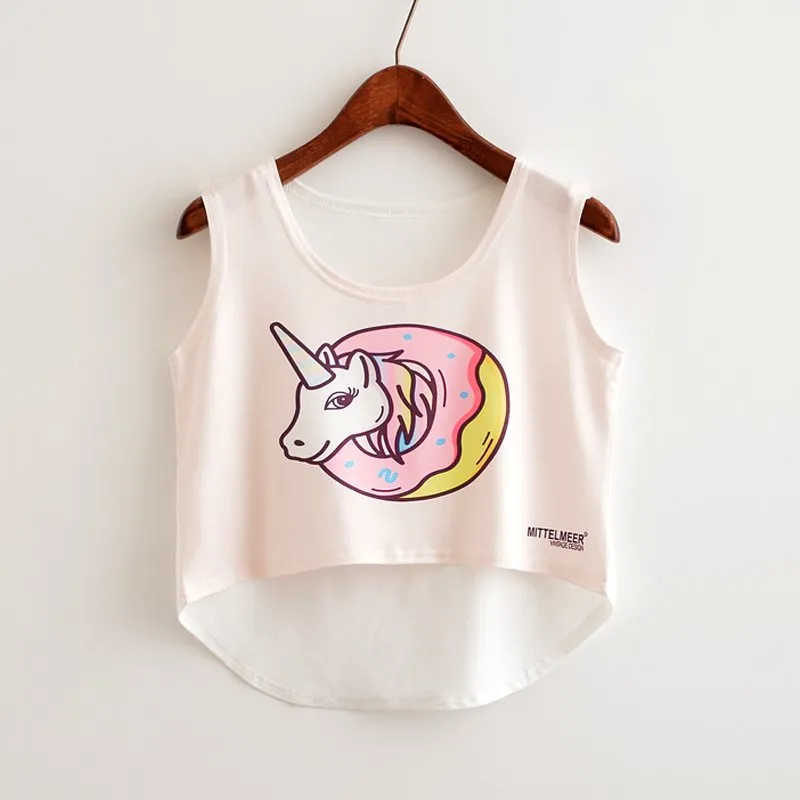 Cat Peeking Printed Crop Top Sleeveless Shirt