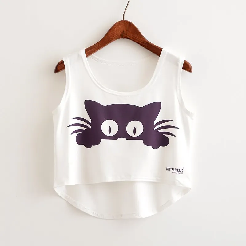 Cat Peeking Printed Crop Top Sleeveless Shirt