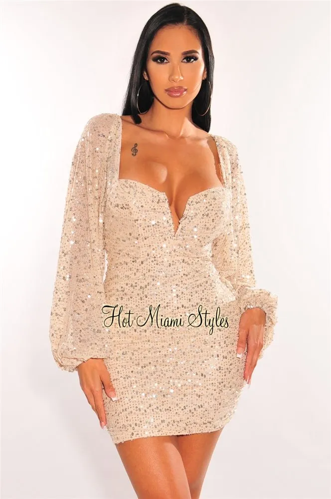 Champagne Silver Sequins V Wire Long Sleeve Ruched Dress