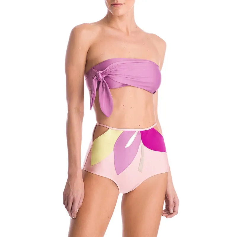 Colorful Flower Hot Pants Bikini With Side Knot Pink