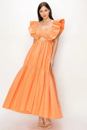 Coral Cotton Ruffle Shoulder Tiered Sleeve Maxi Dress