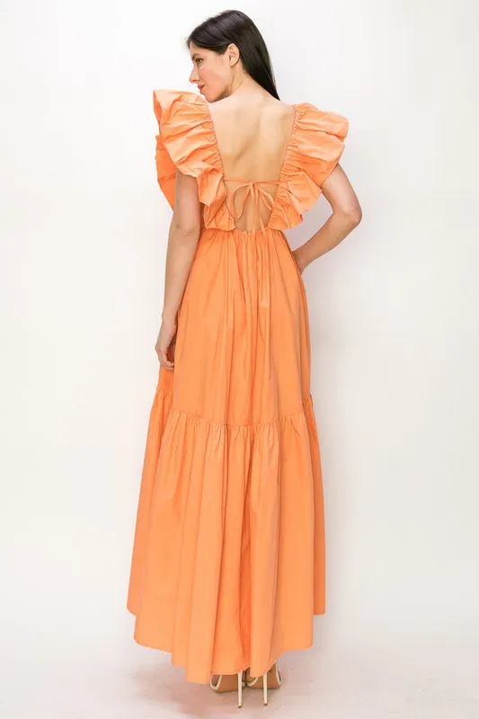 Coral Cotton Ruffle Shoulder Tiered Sleeve Maxi Dress