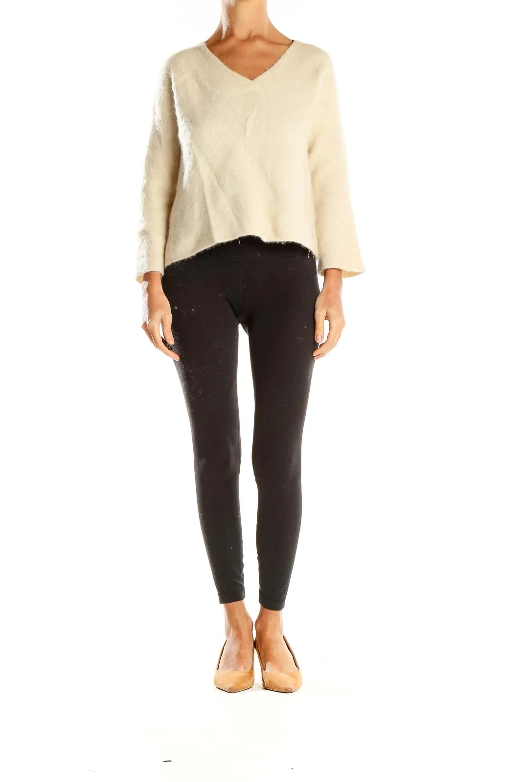 Cream V-Neck Fuzzy Knit Sweater