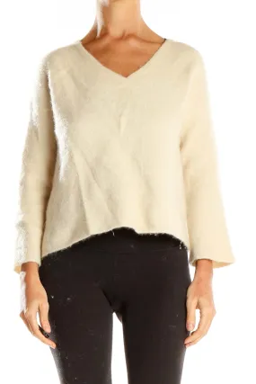 Cream V-Neck Fuzzy Knit Sweater