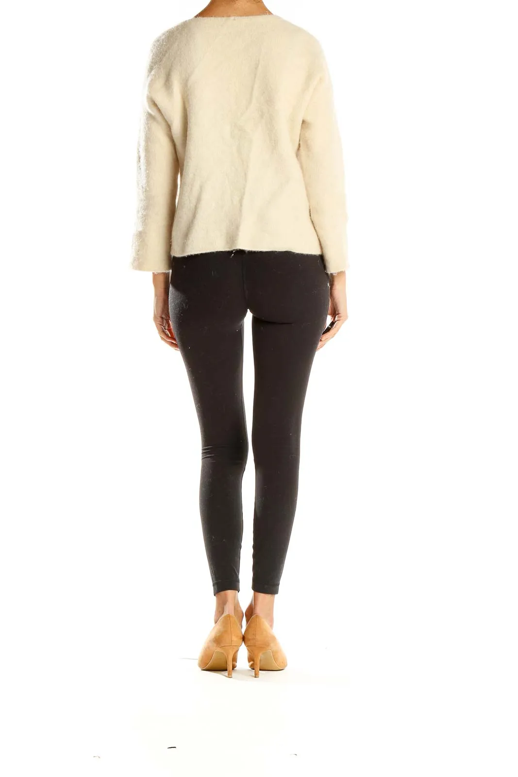 Cream V-Neck Fuzzy Knit Sweater