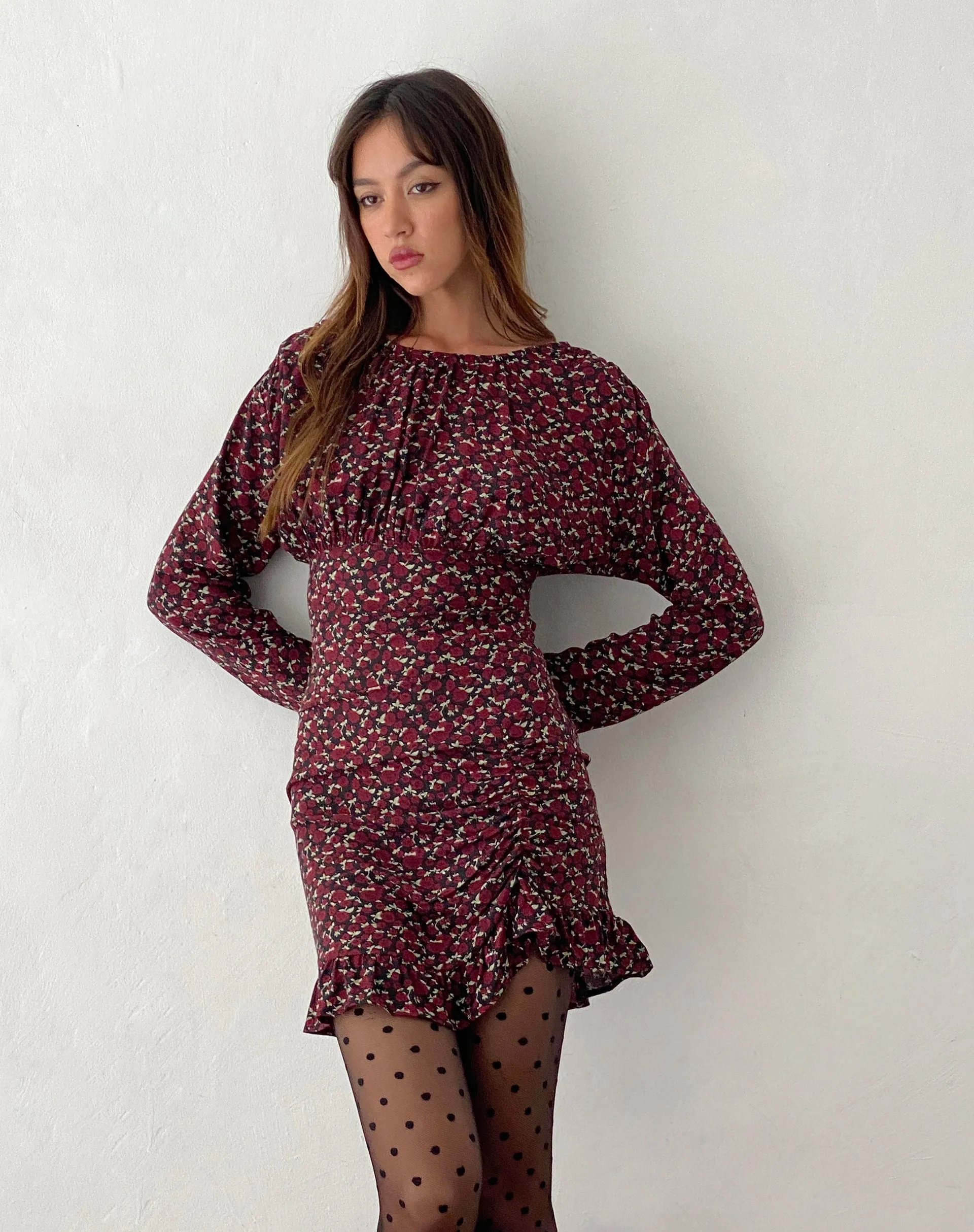 Dawsen Long Sleeve Ruched Mini Dress in Dark Rhoslyn Ditsy Print