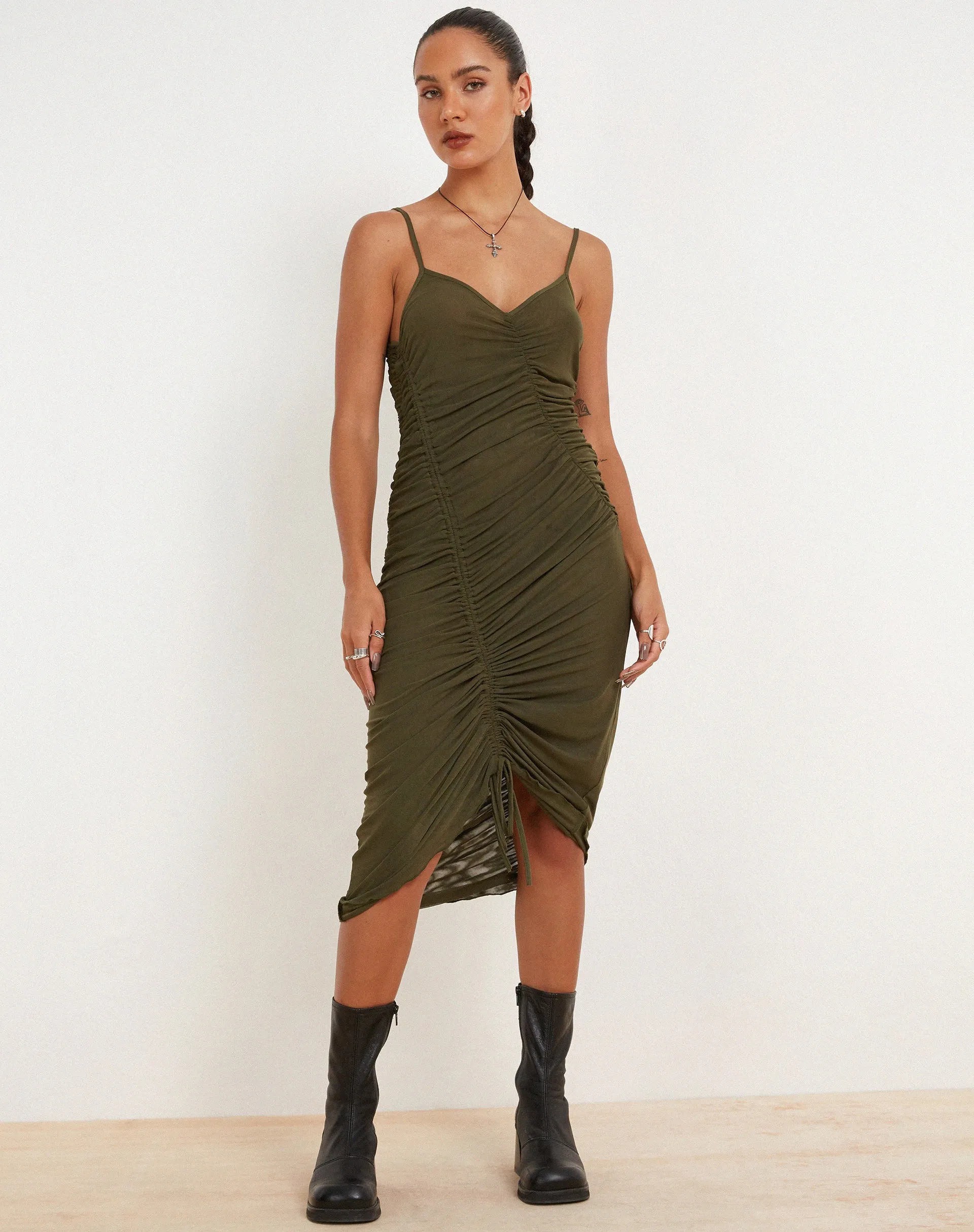 Dulcia Ruched Mesh Midi Dress in Green Leaf