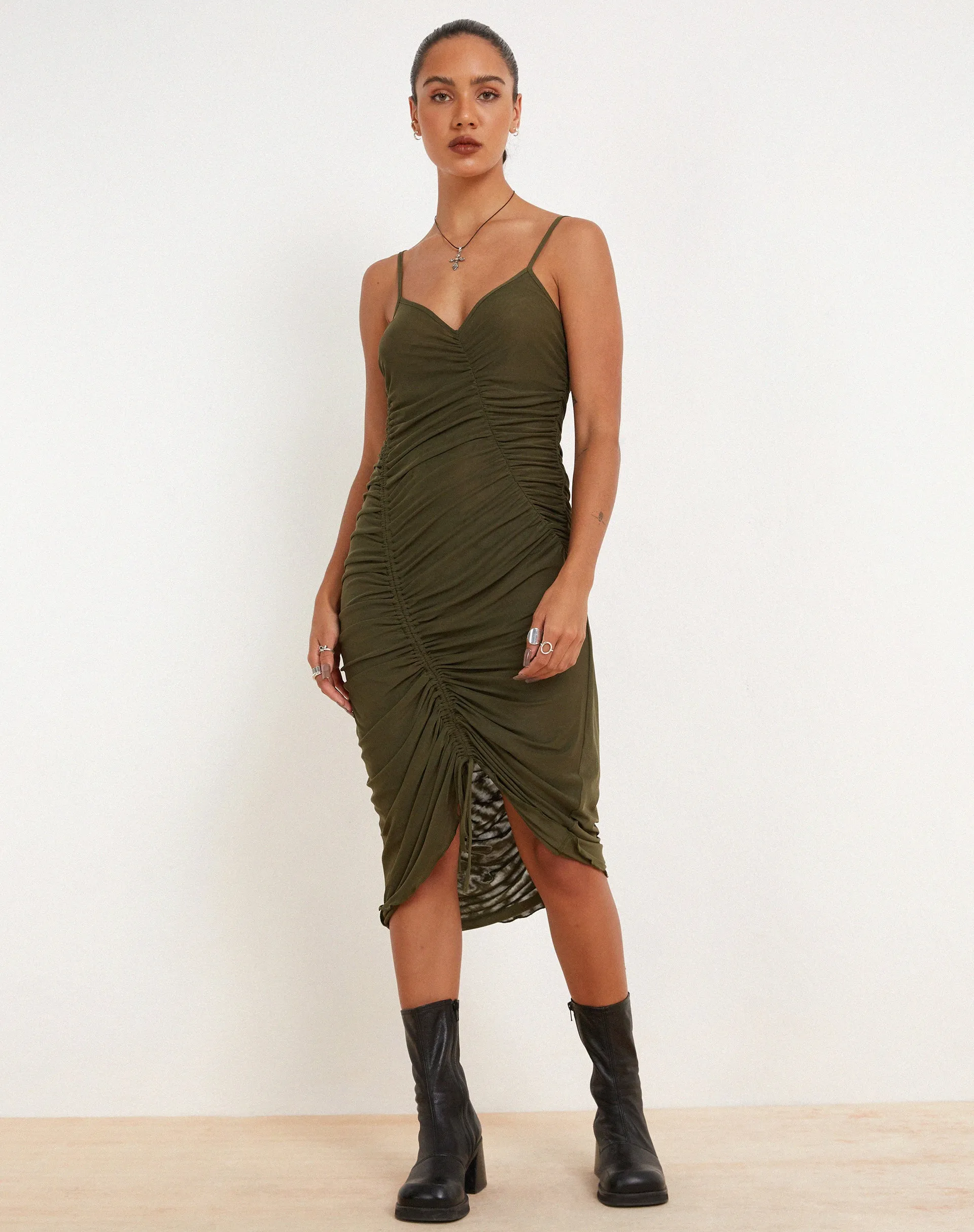 Dulcia Ruched Mesh Midi Dress in Green Leaf