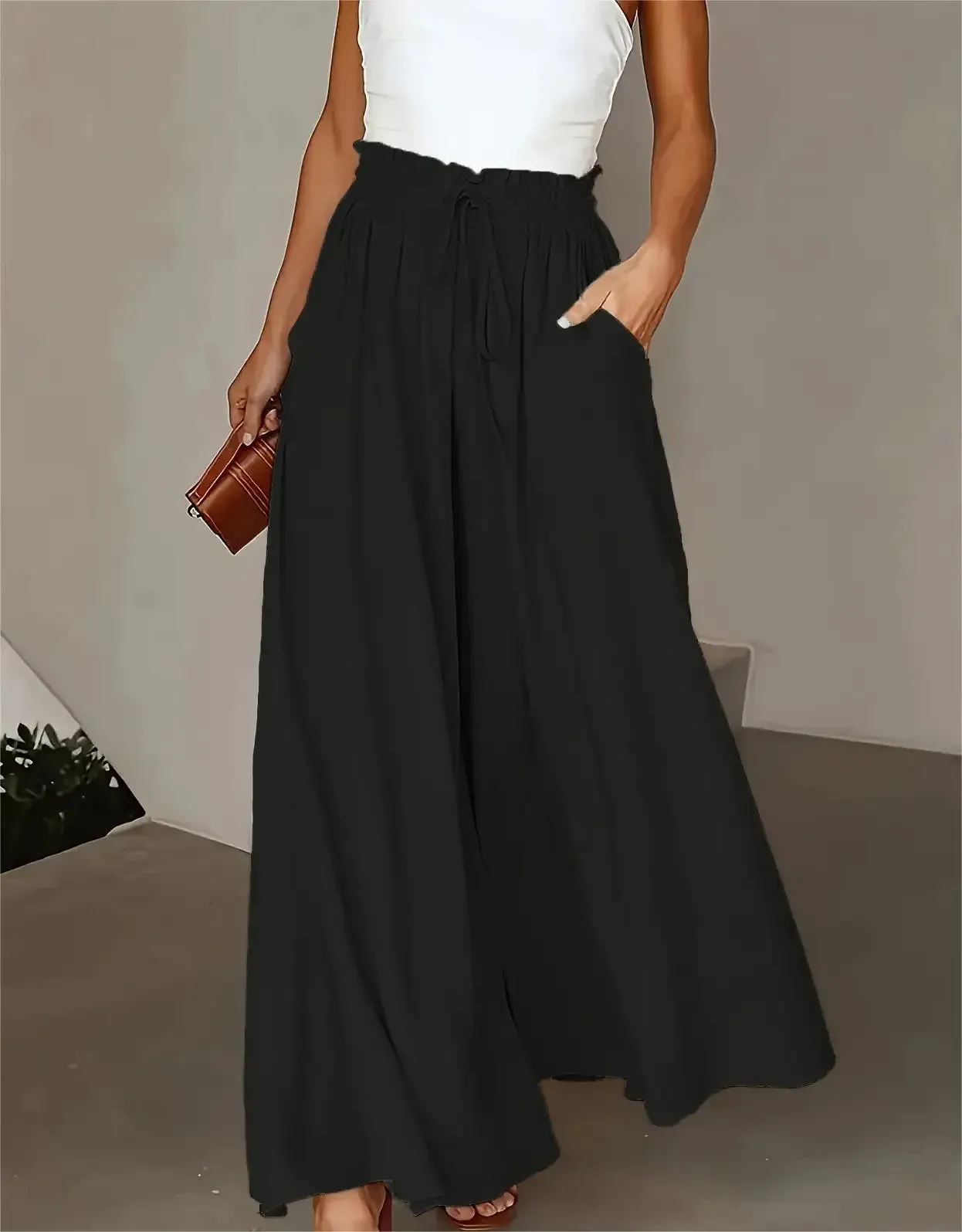 Elasticated waist wide leg trousers