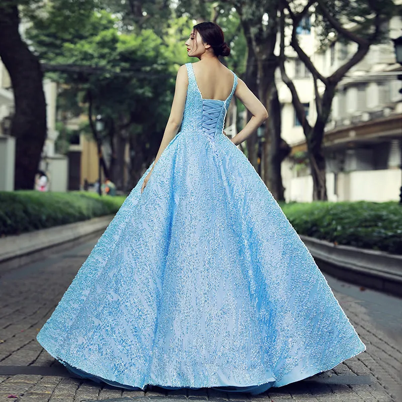 Elegant Sky Blue Lace Satin Prom Dresses, Quinceanera Dresses, Ball Gown, 2021 Prom Dresses