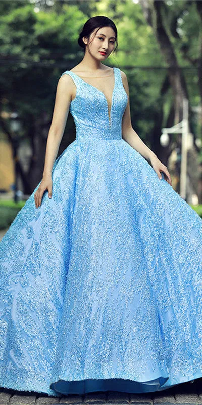 Elegant Sky Blue Lace Satin Prom Dresses, Quinceanera Dresses, Ball Gown, 2021 Prom Dresses