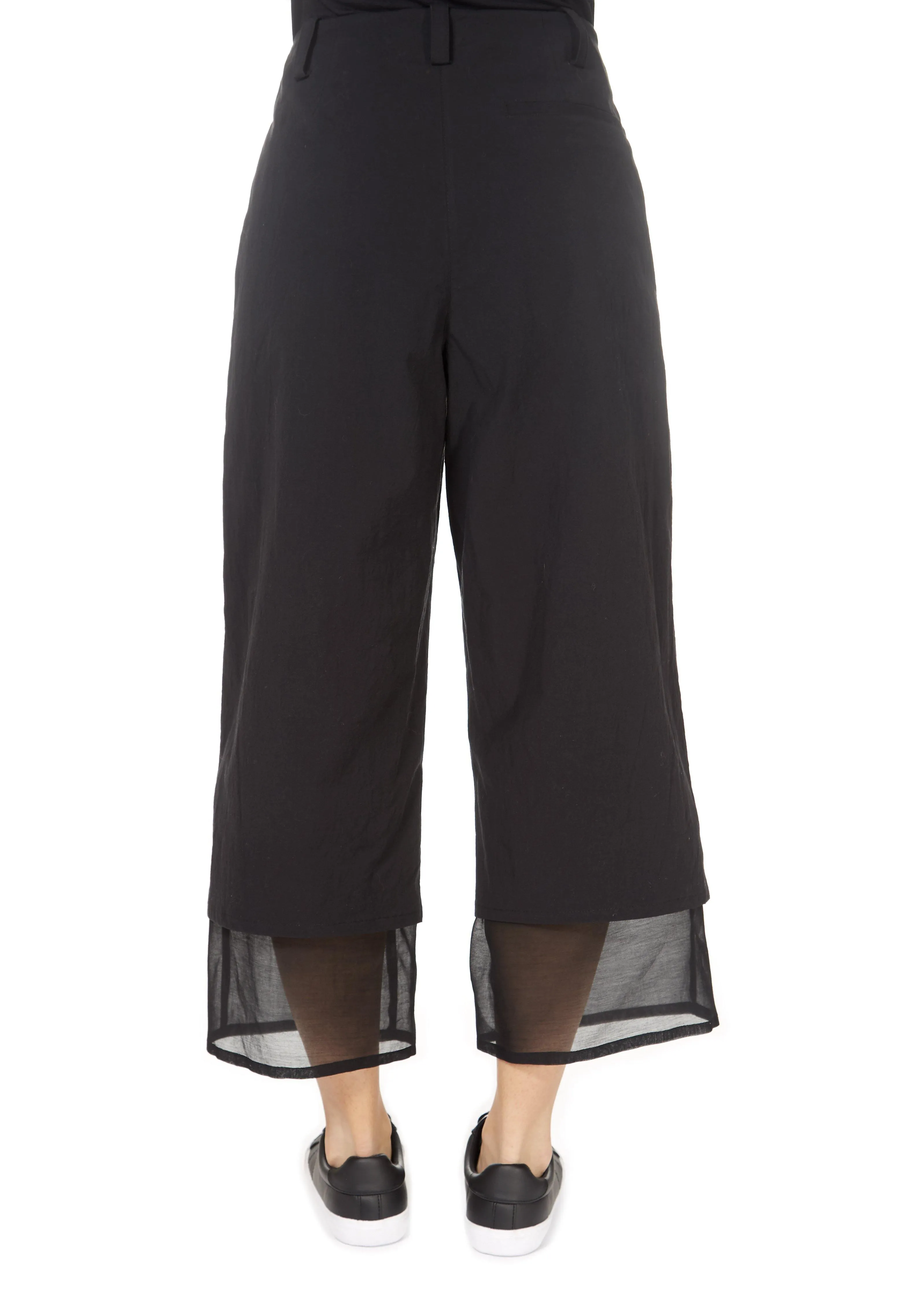 'Even' Cropped Black Chiffon Hem Wide Leg Trousers